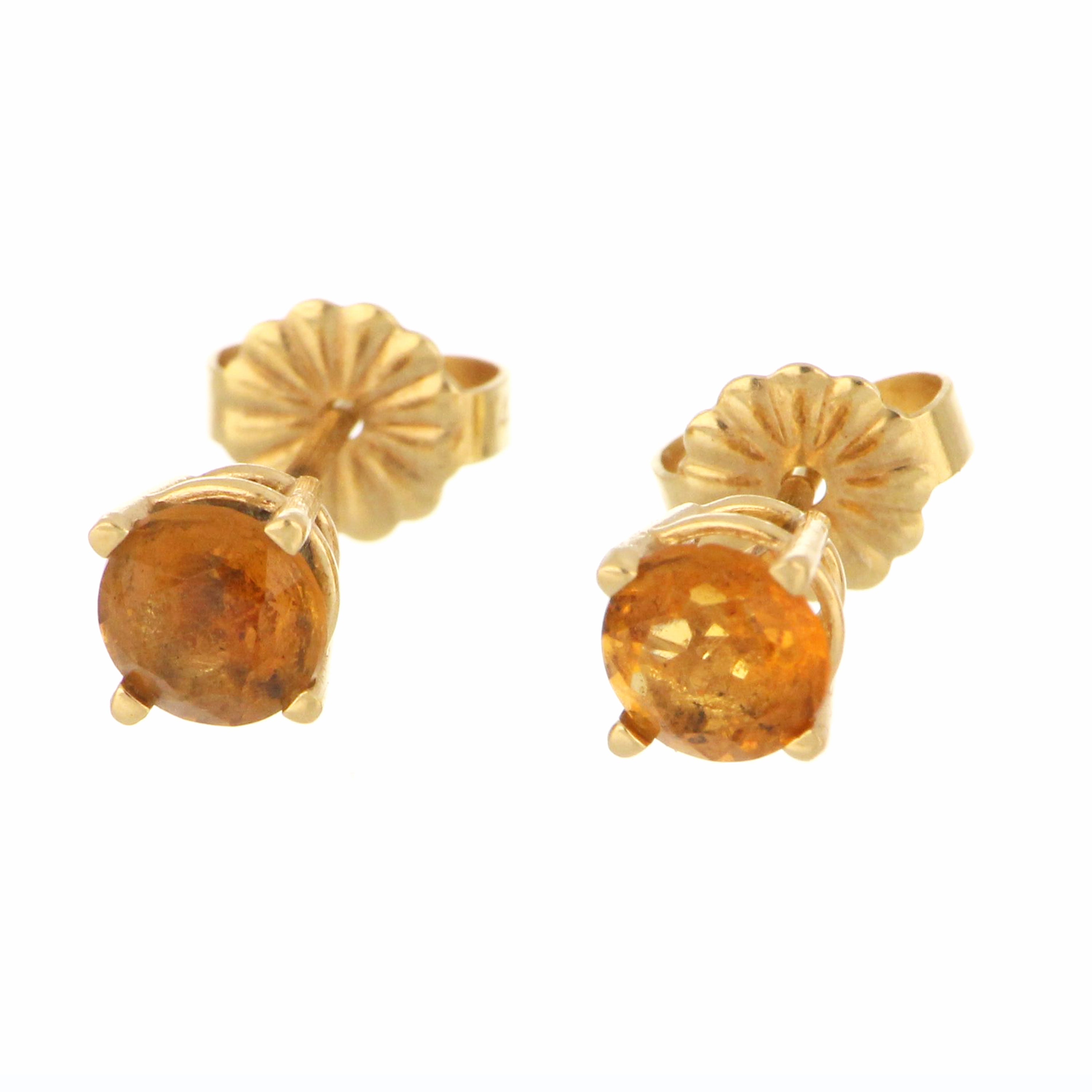 14kt yellow gold stud earring with a round 5mm citrine gemstone, front angle showing warm golden hues, approx. 0.45 grams each