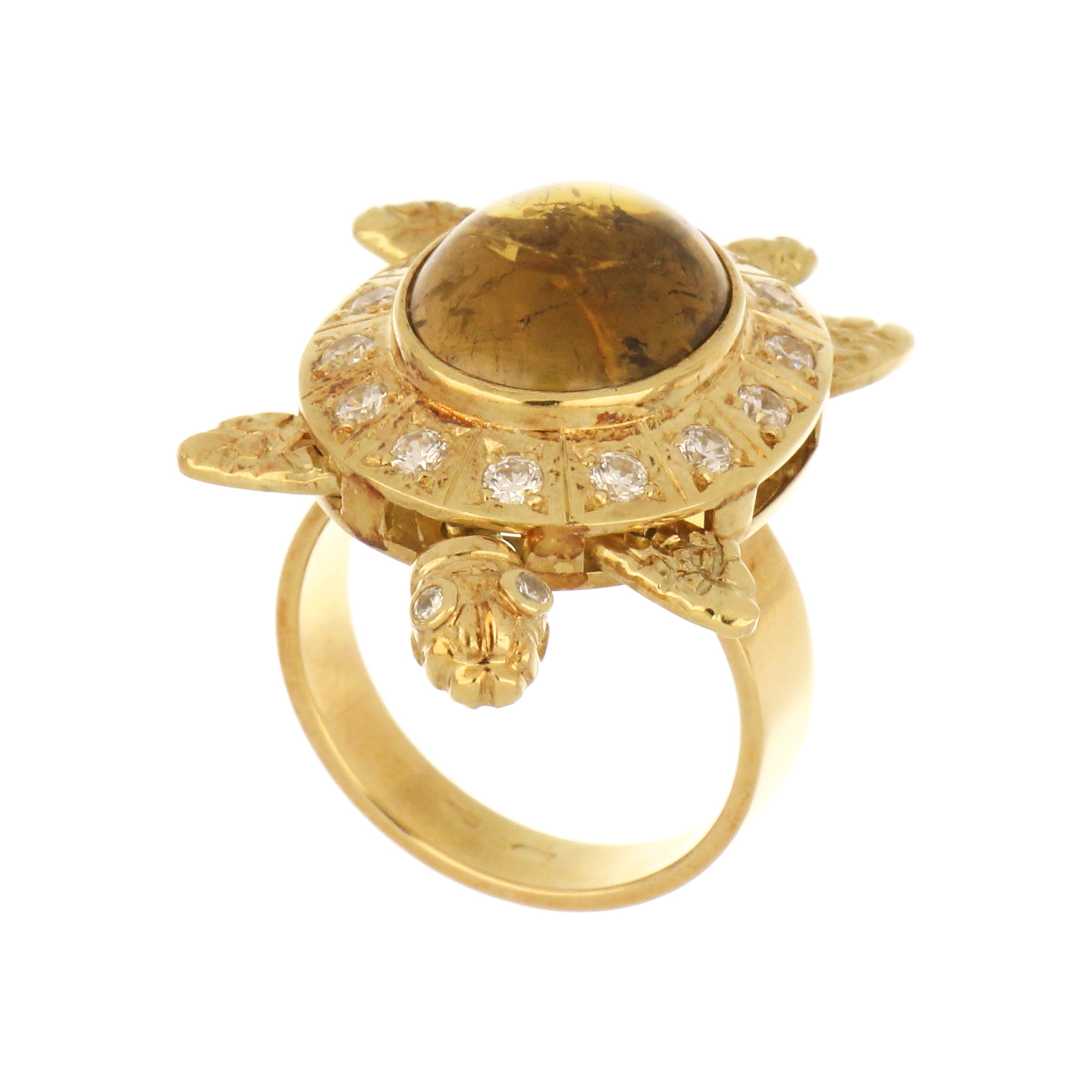 14kt yellow gold turtle ring with oval citrine and CZ halo accents.
