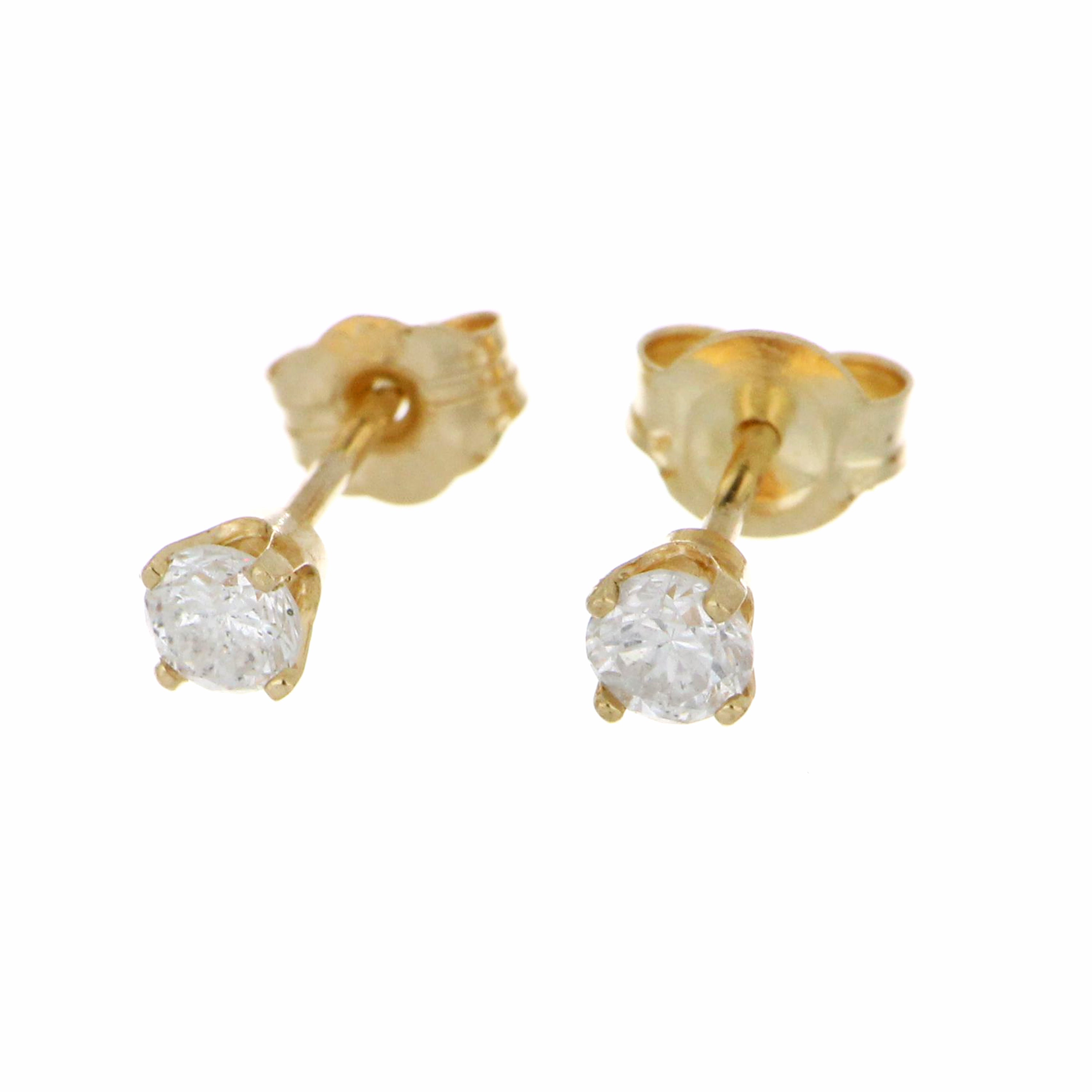14kt yellow gold stud style earring featuring two round cut diamonds from a top angle, 0.26 cttw