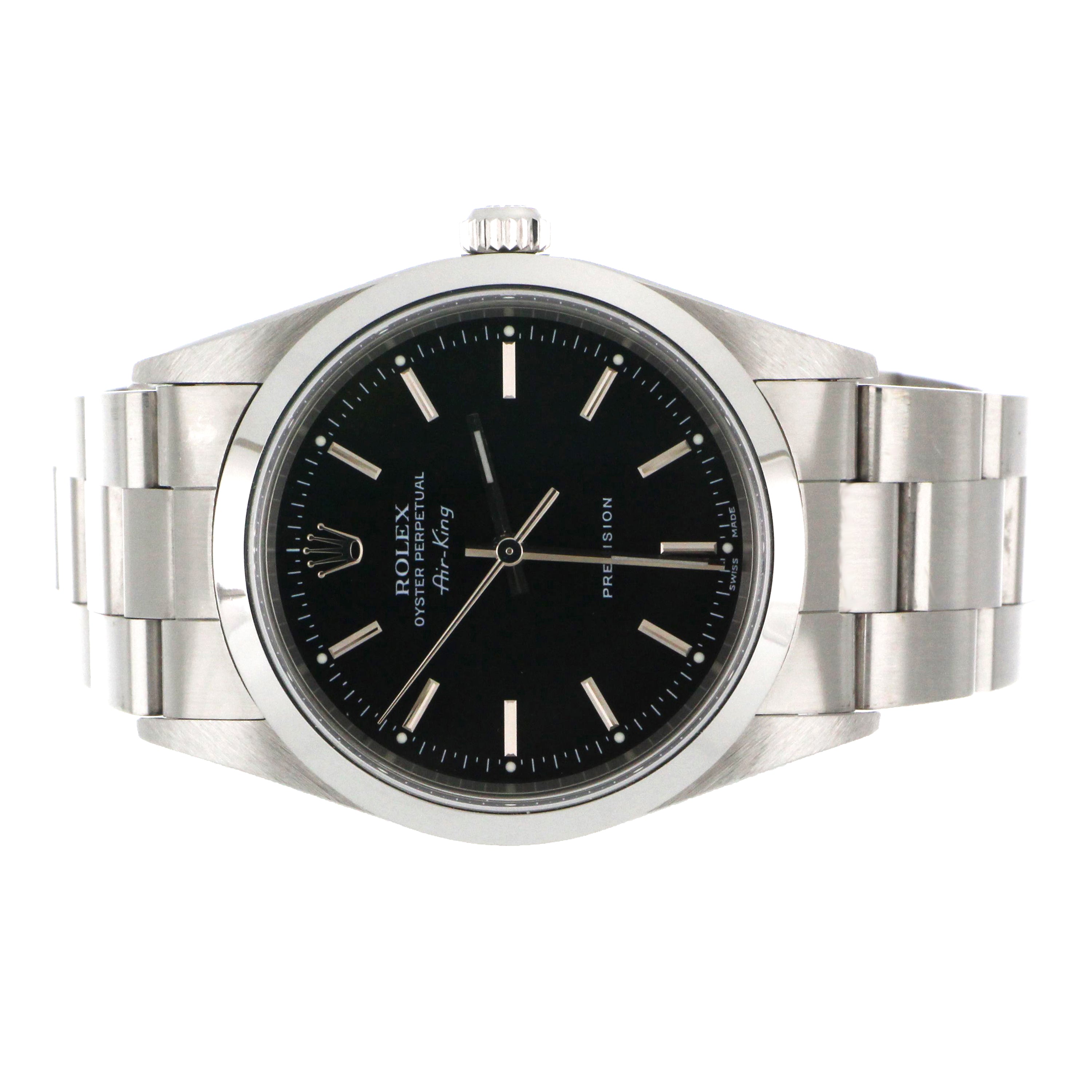 Rolex Oyster Perpetual Air King men's wristwatch, black dial close-up, stainless steel oyster bracelet