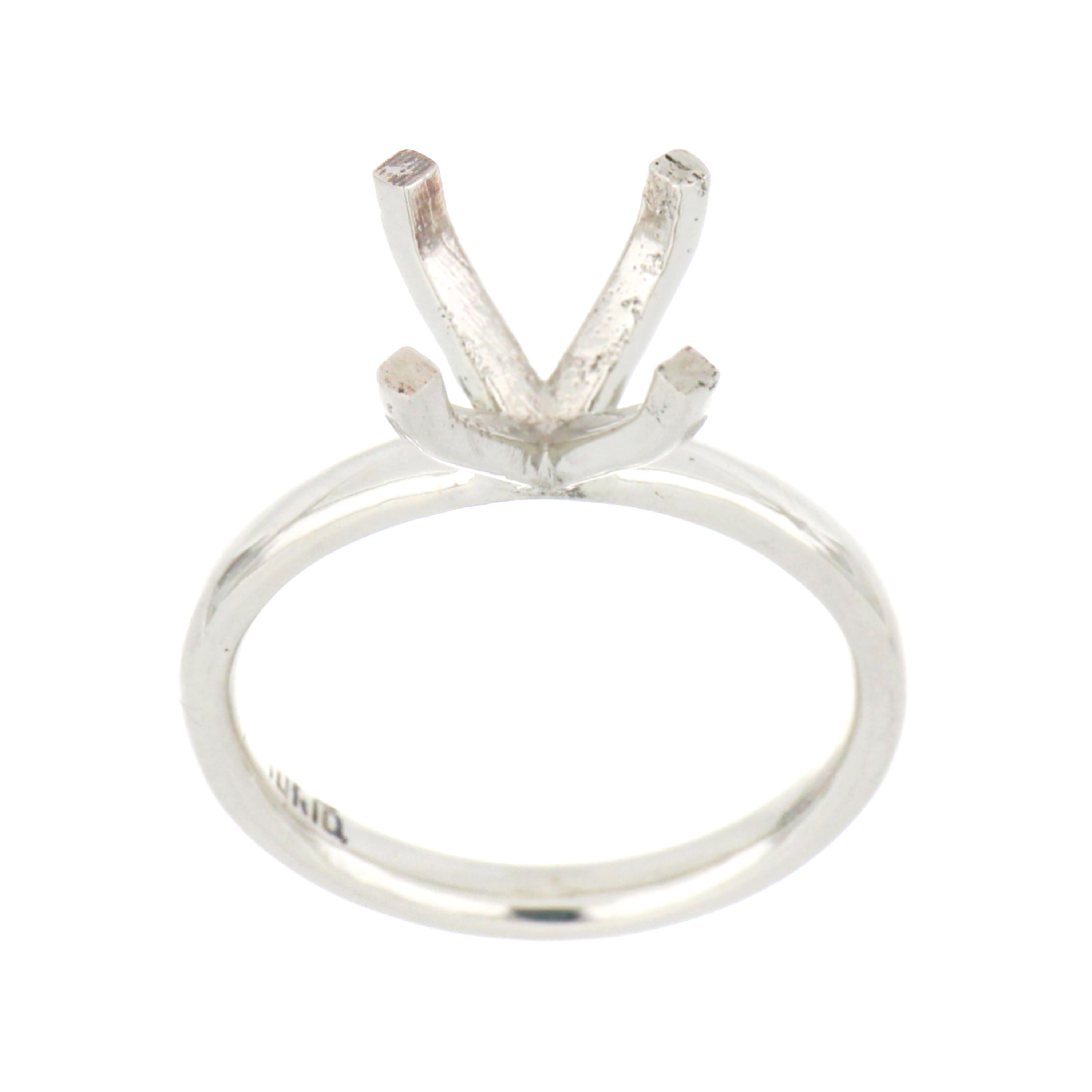 14kt white gold solitaire ring mounting, side angle showcasing 4-claw setting and polished shank, 4.1 grams