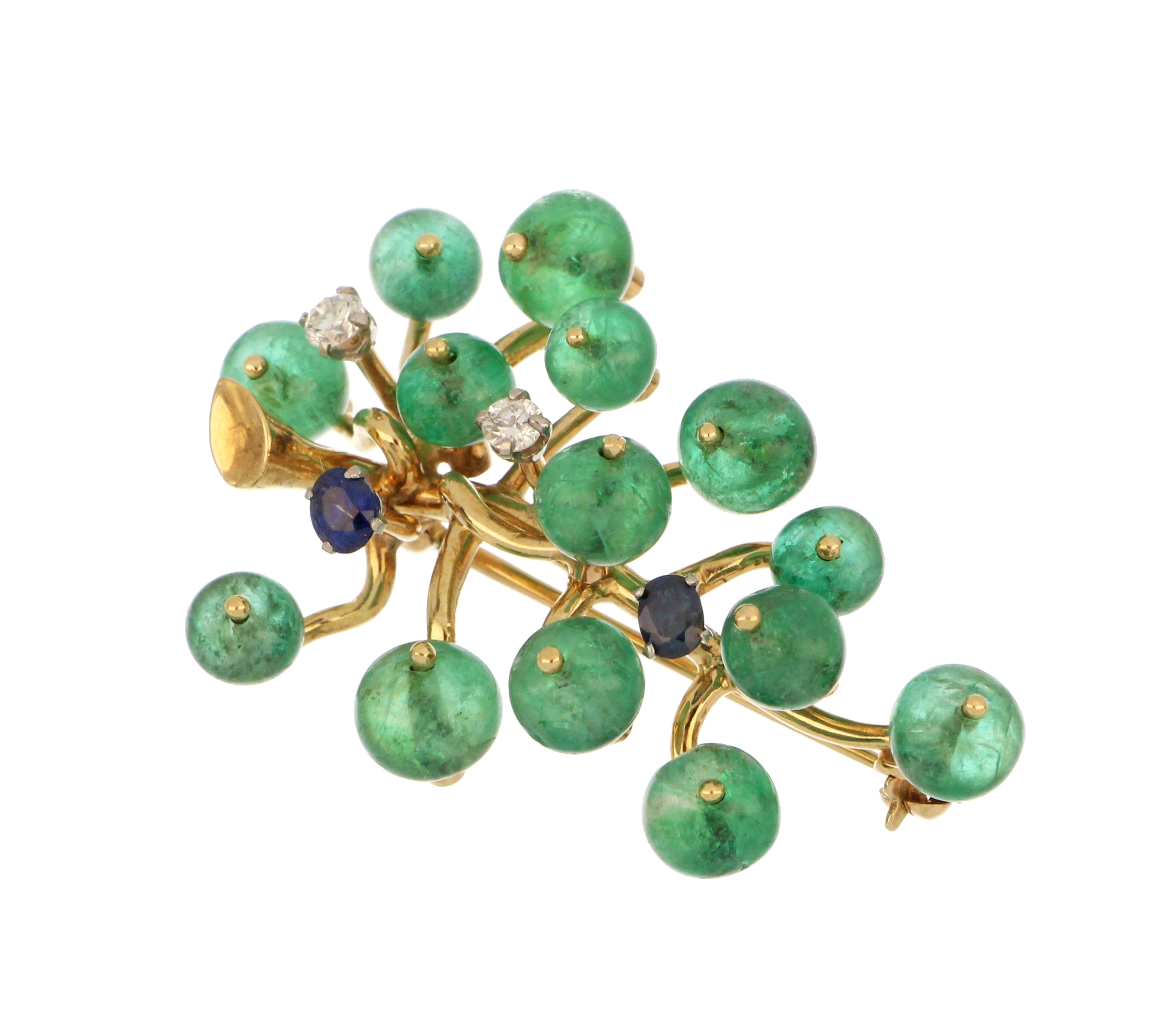 14kt yellow gold brooch featuring 14 emerald beads, 2 oval blue sapphires, and 2 round brilliant cut diamonds