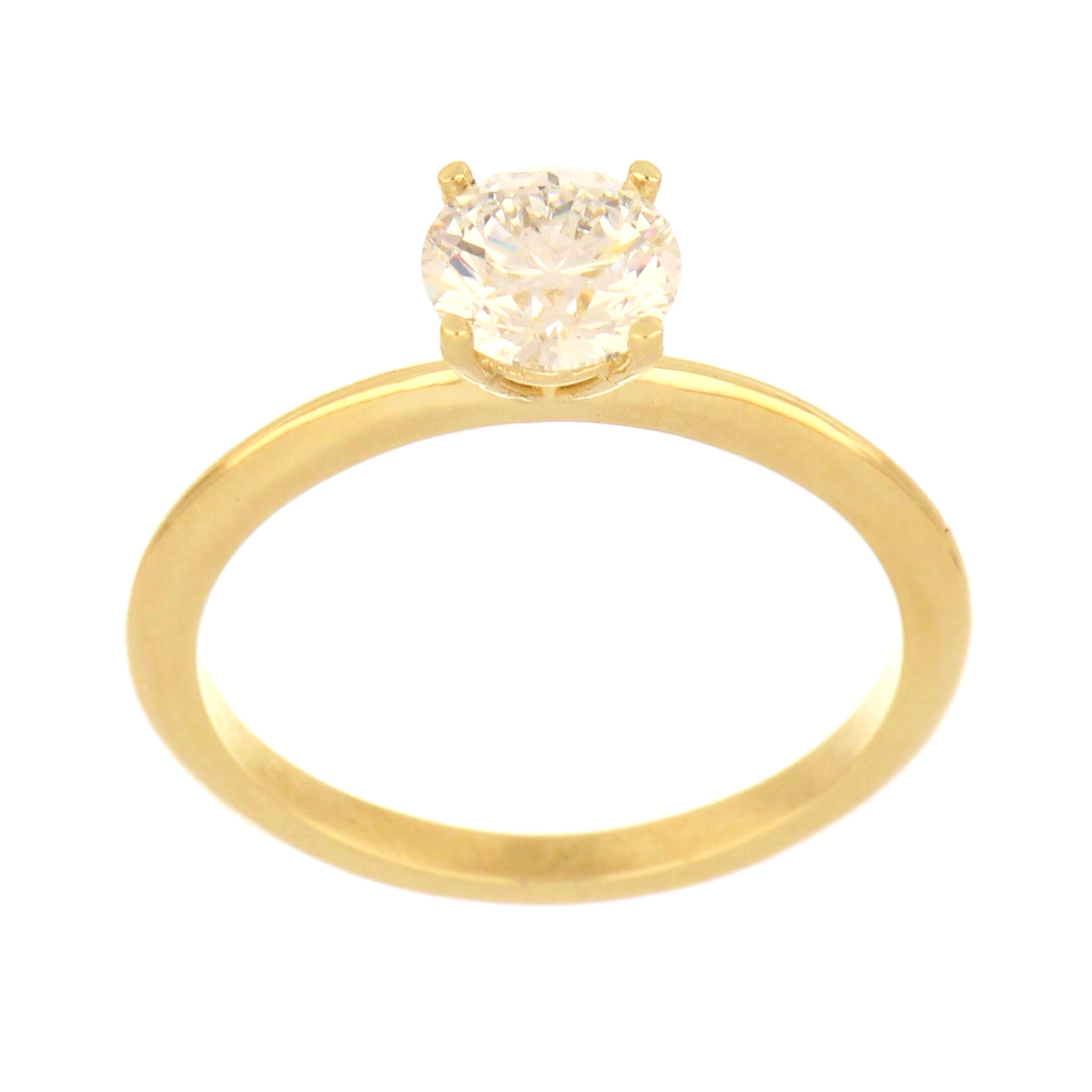 14kt yellow gold ring featuring a round brilliant lab grown diamond in four-claw setting, top-down angle
