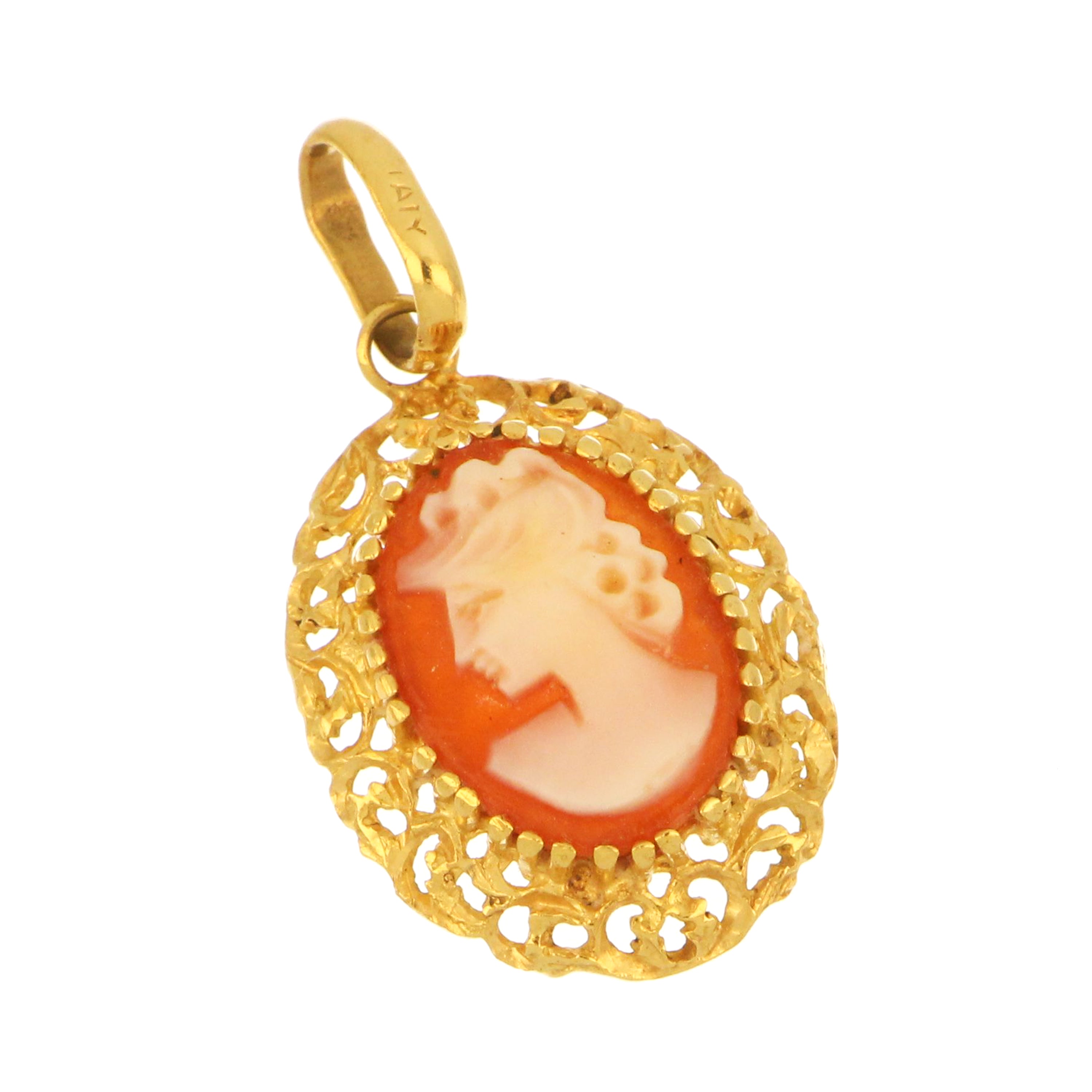 18kt yellow gold cameo pendant with a finely carved oval cameo stone, close-up angled view highlighting gold craftsmanship and detailed cameo edges