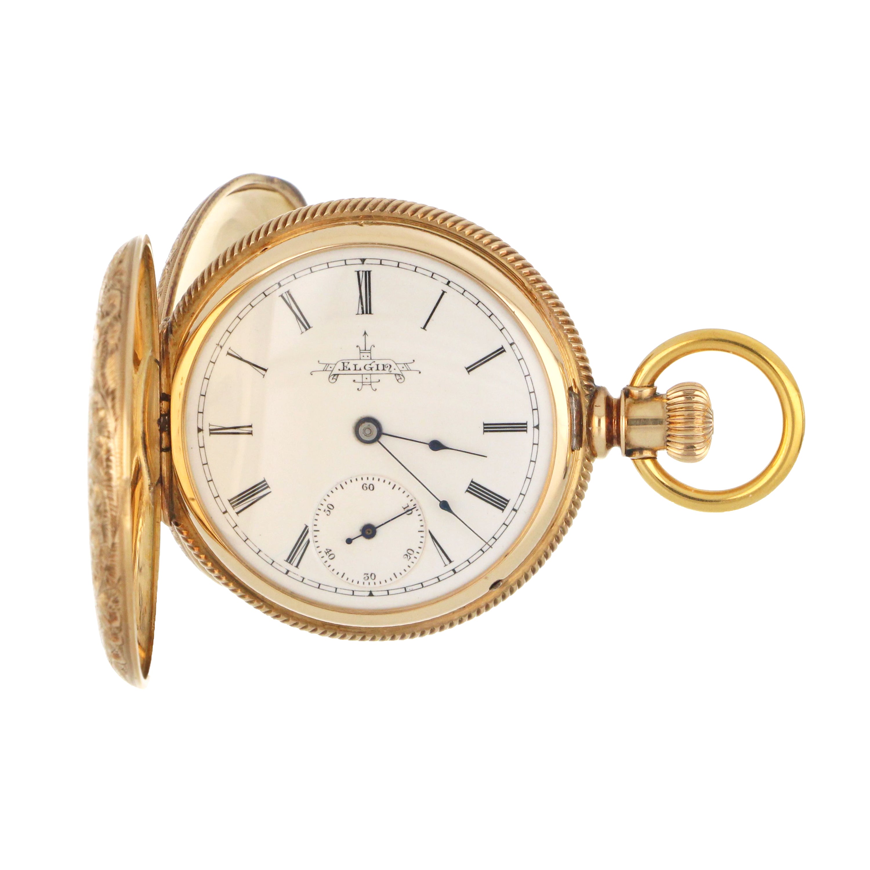 Elgin 14kt yellow gold pocket watch front view showing white porcelain dial with gold hands and subdial at 6 o'clock