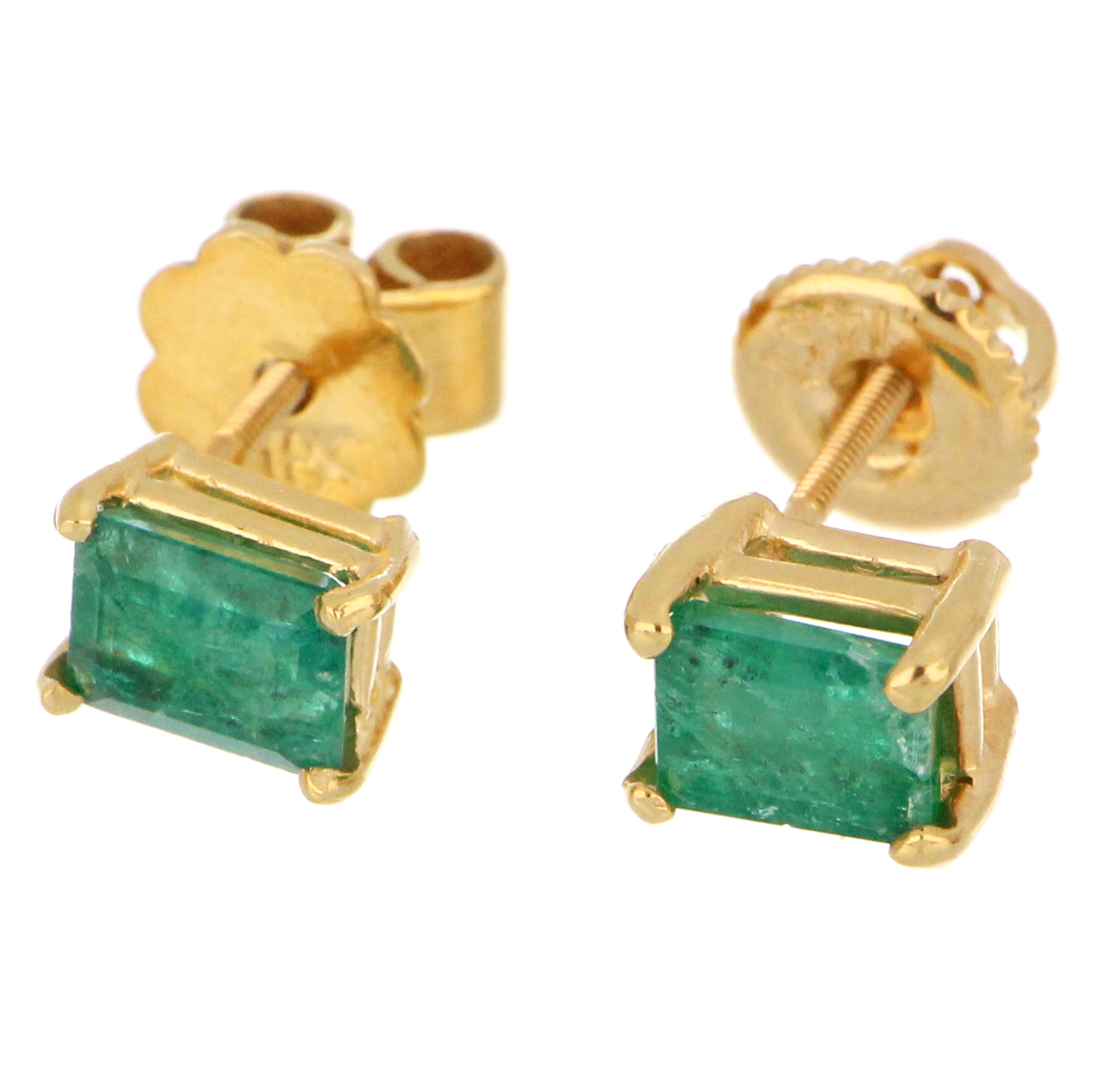 10kt yellow gold stud earring with baguette-cut emerald viewed from front showing detailed cut and setting