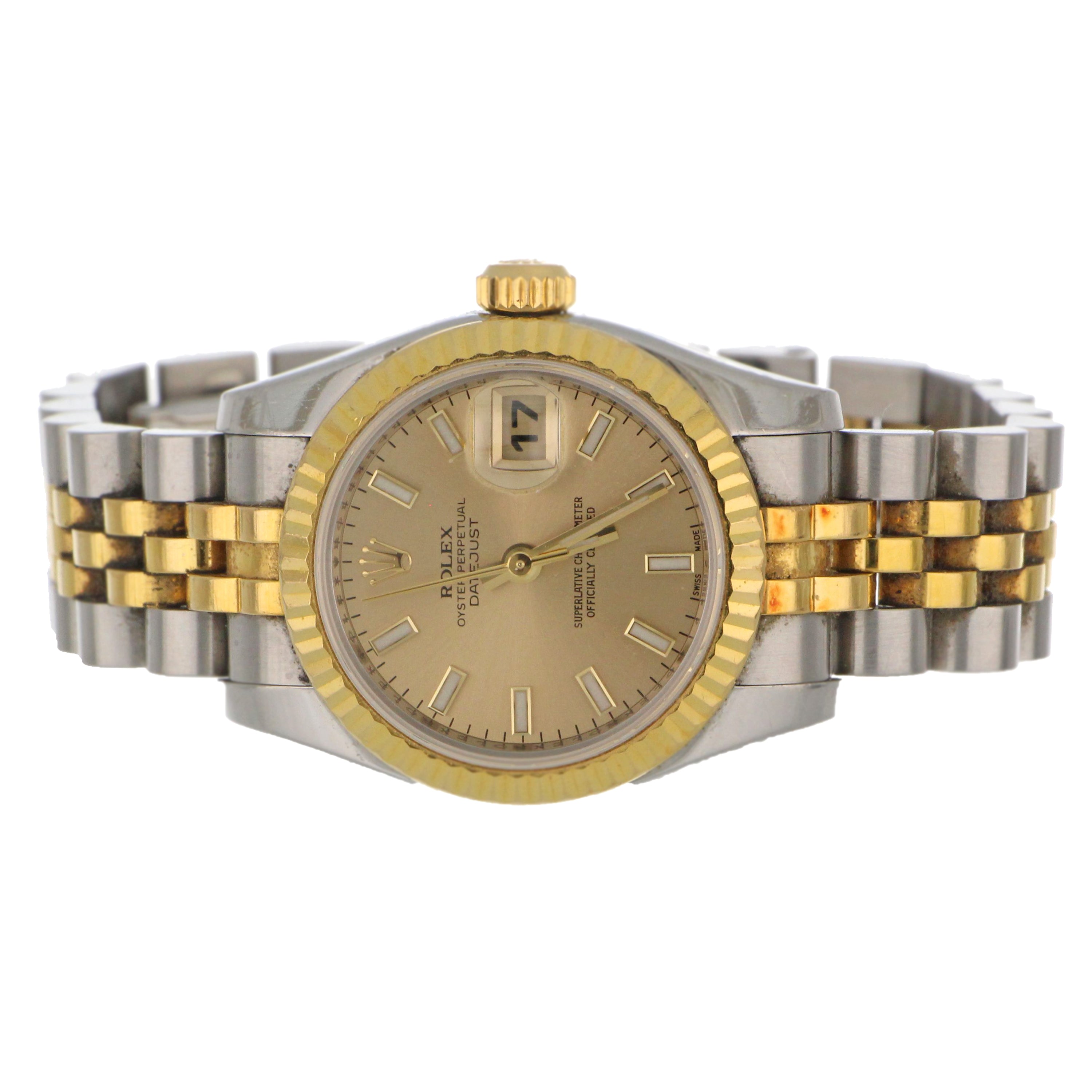 Original Rolex Ladies’ Oyster Perpetual Datejust watch in 18kt yellow gold and stainless steel with champagne dial, front view
