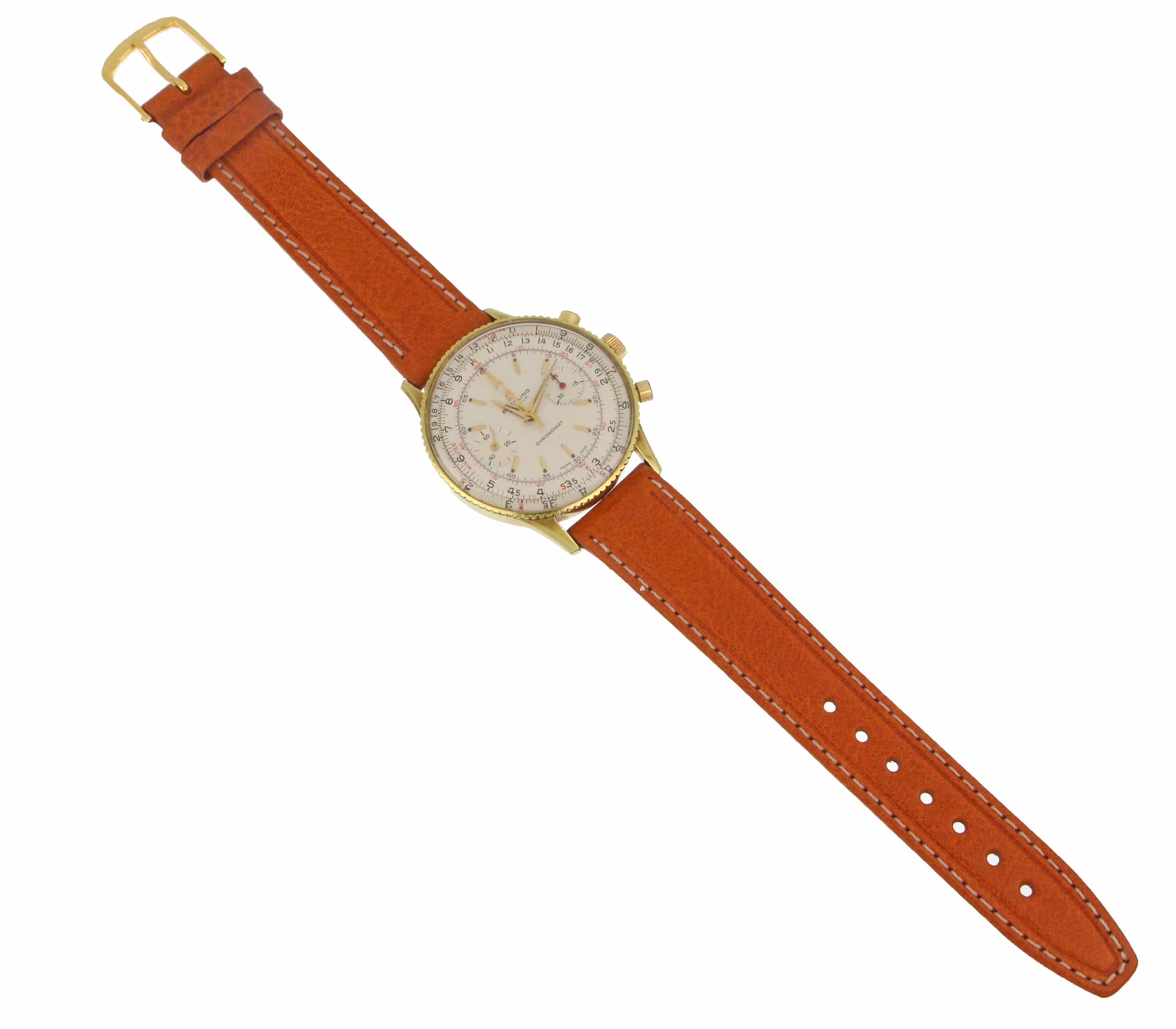 Brown leather strap with buckle on authentic vintage Breitling Chronomat watch