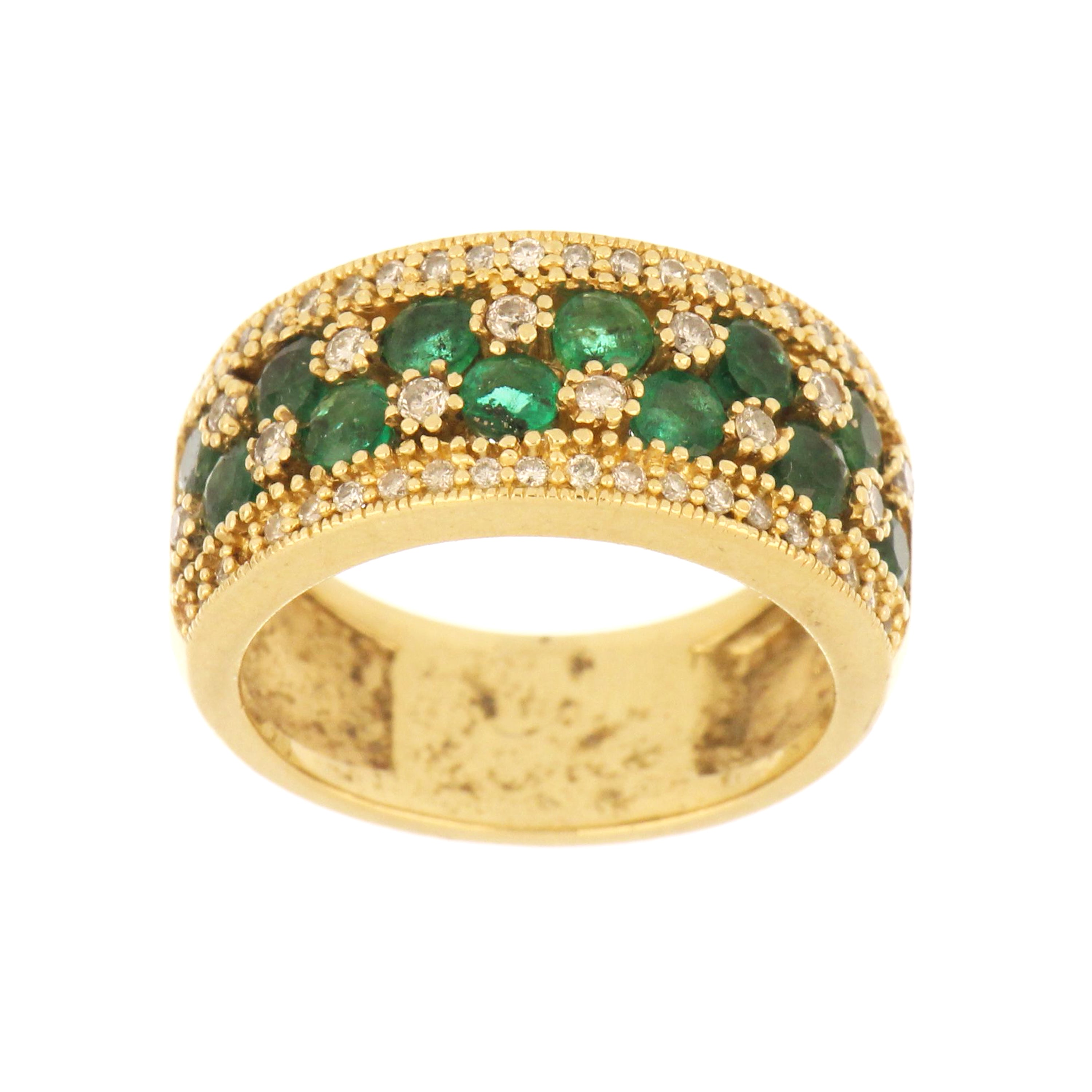 14kt yellow gold band ring with emeralds and diamonds, front view