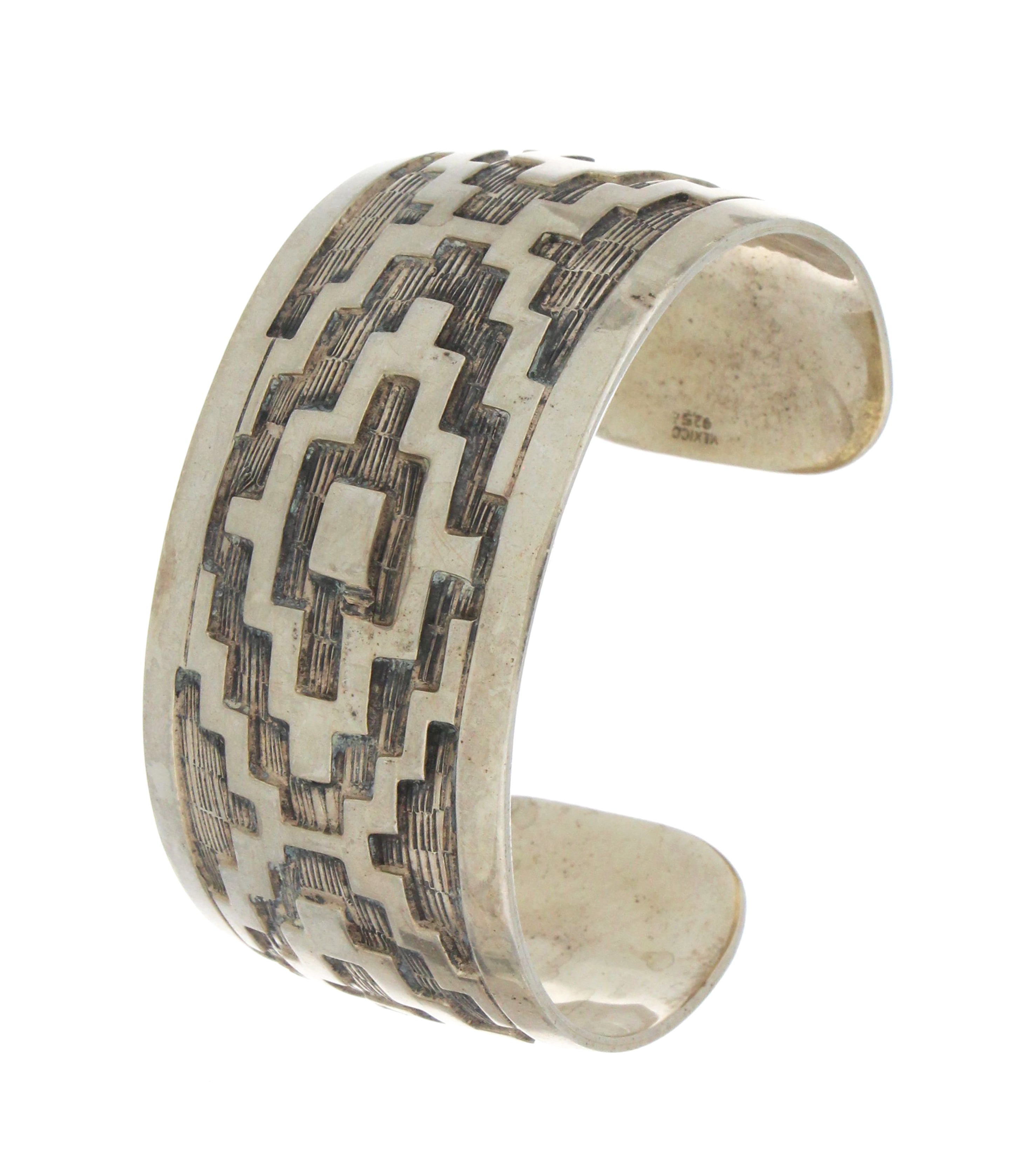 Sterling silver open back style bangle, 1.25 inch wide viewed top angle, weight approx 69.63 grams