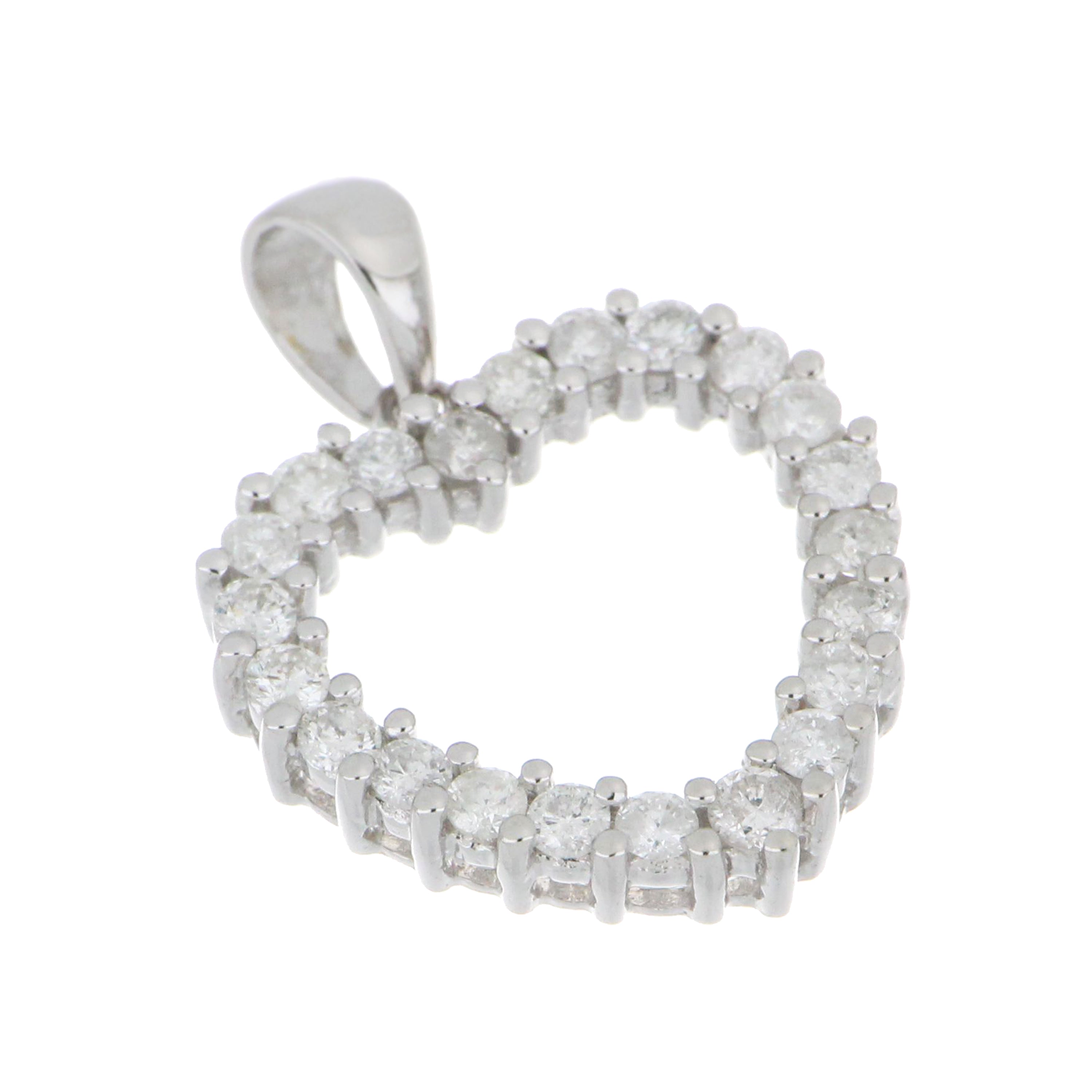 Close-up top angle of 18kt white gold heart-shaped pendant featuring 22 round brilliant diamonds totaling 0.66ct in claw setting, weighing 2.31g