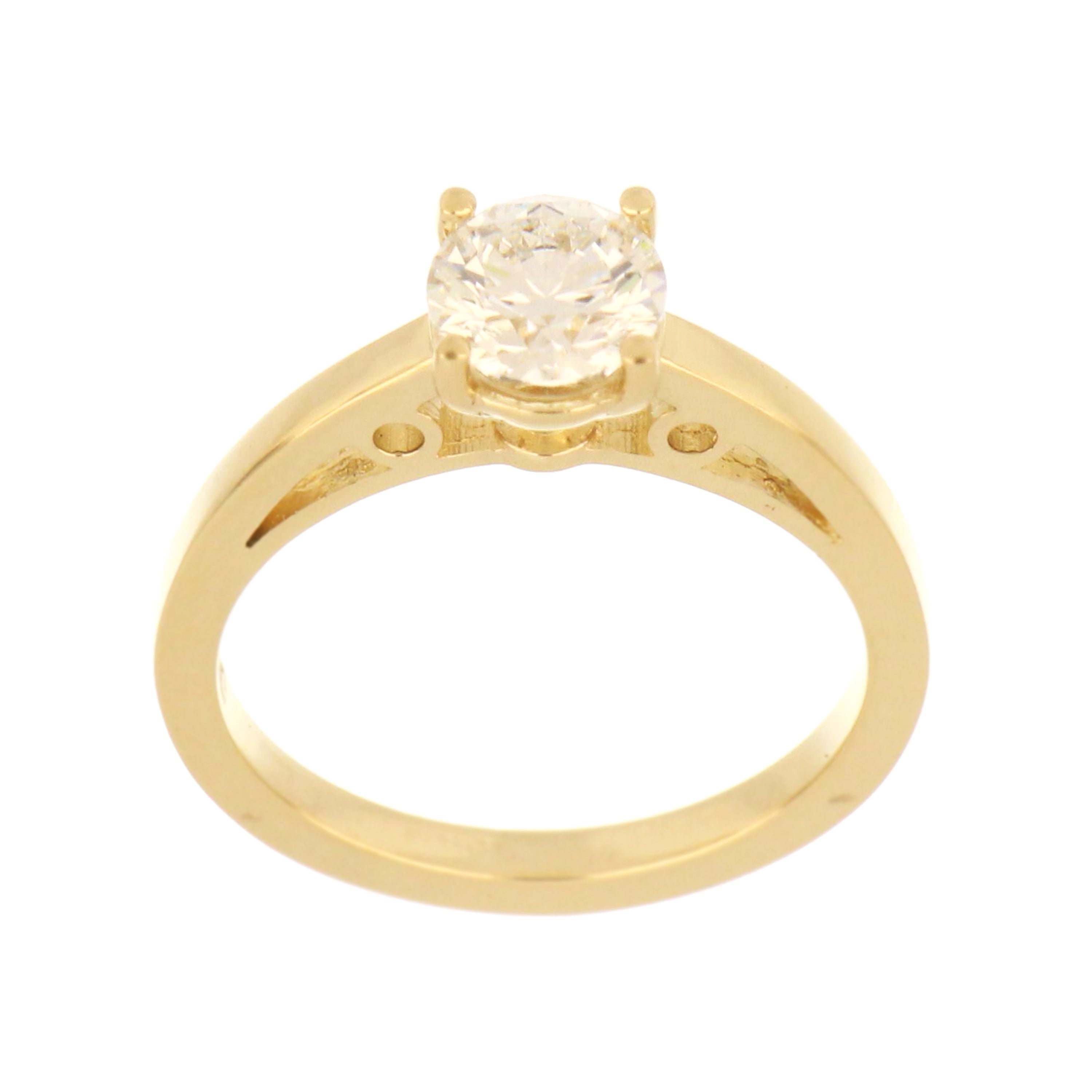 14kt yellow gold solitaire ring top view showcasing round brilliant lab grown diamond 0.90ct