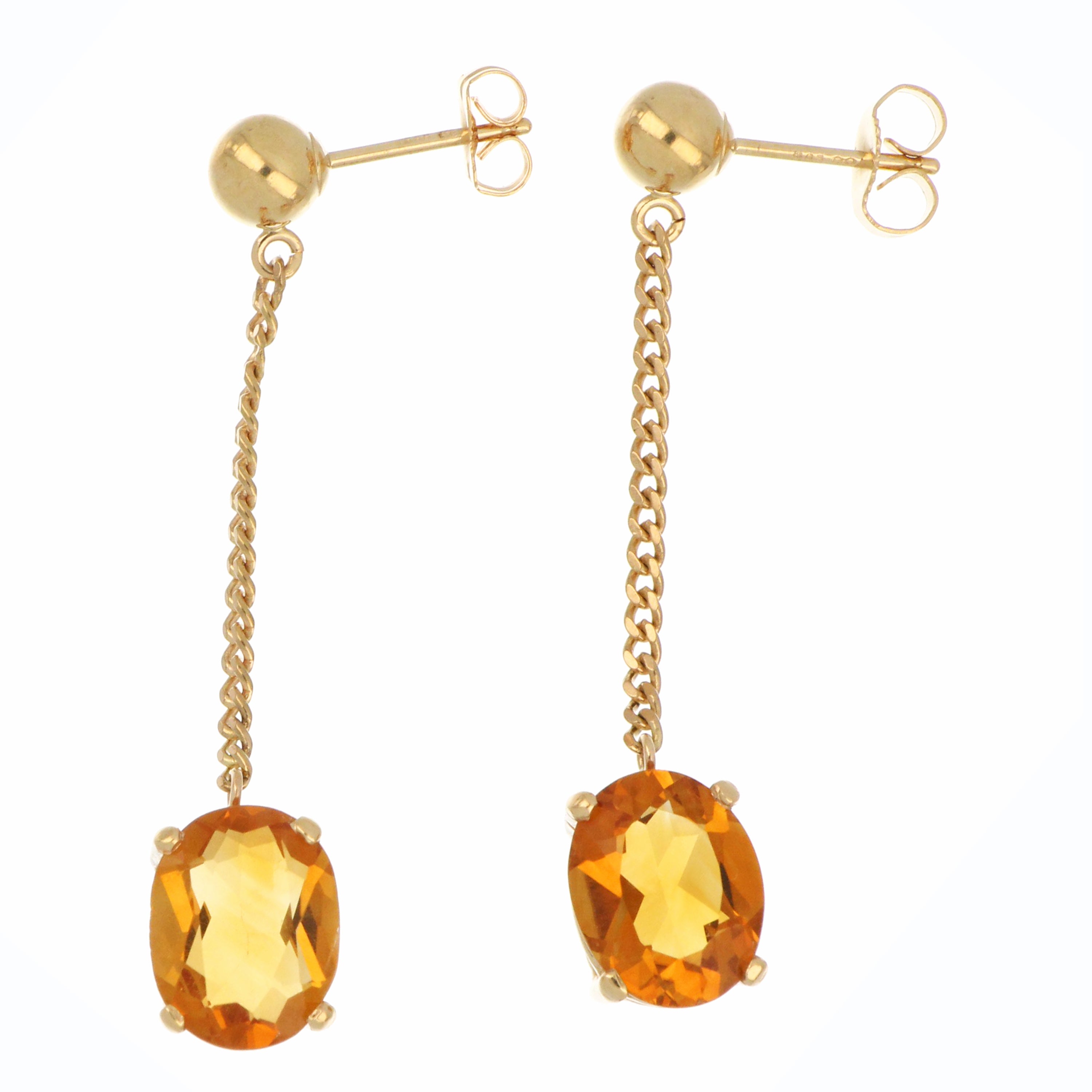 Elegant 14kt yellow gold dangle earring featuring a radiant oval citrine gemstone, side view showcasing fine craftsmanship and warm golden tones