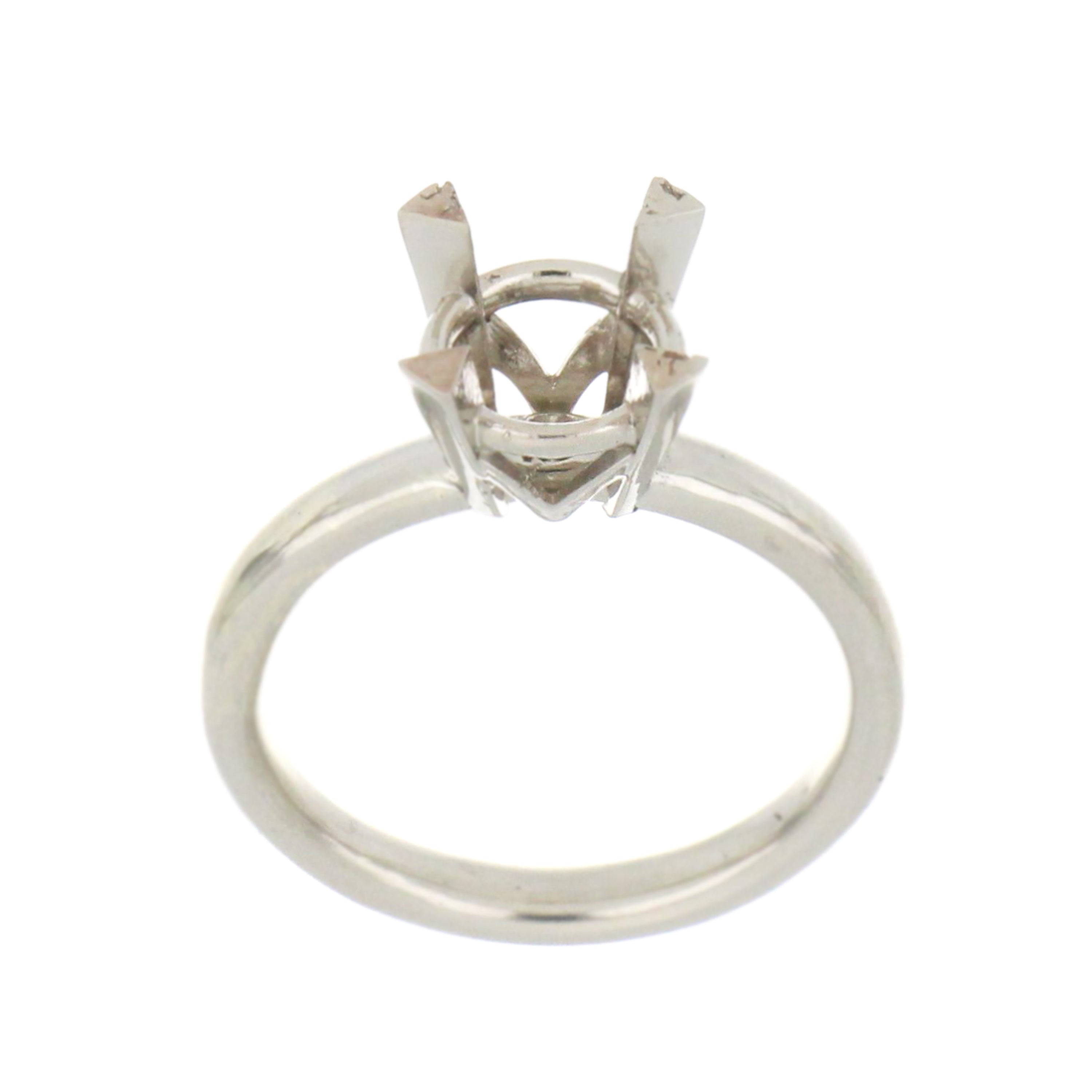 14kt white gold solitaire ring mounting front angle showing highly polished shank and four-claw basket setting for round stone