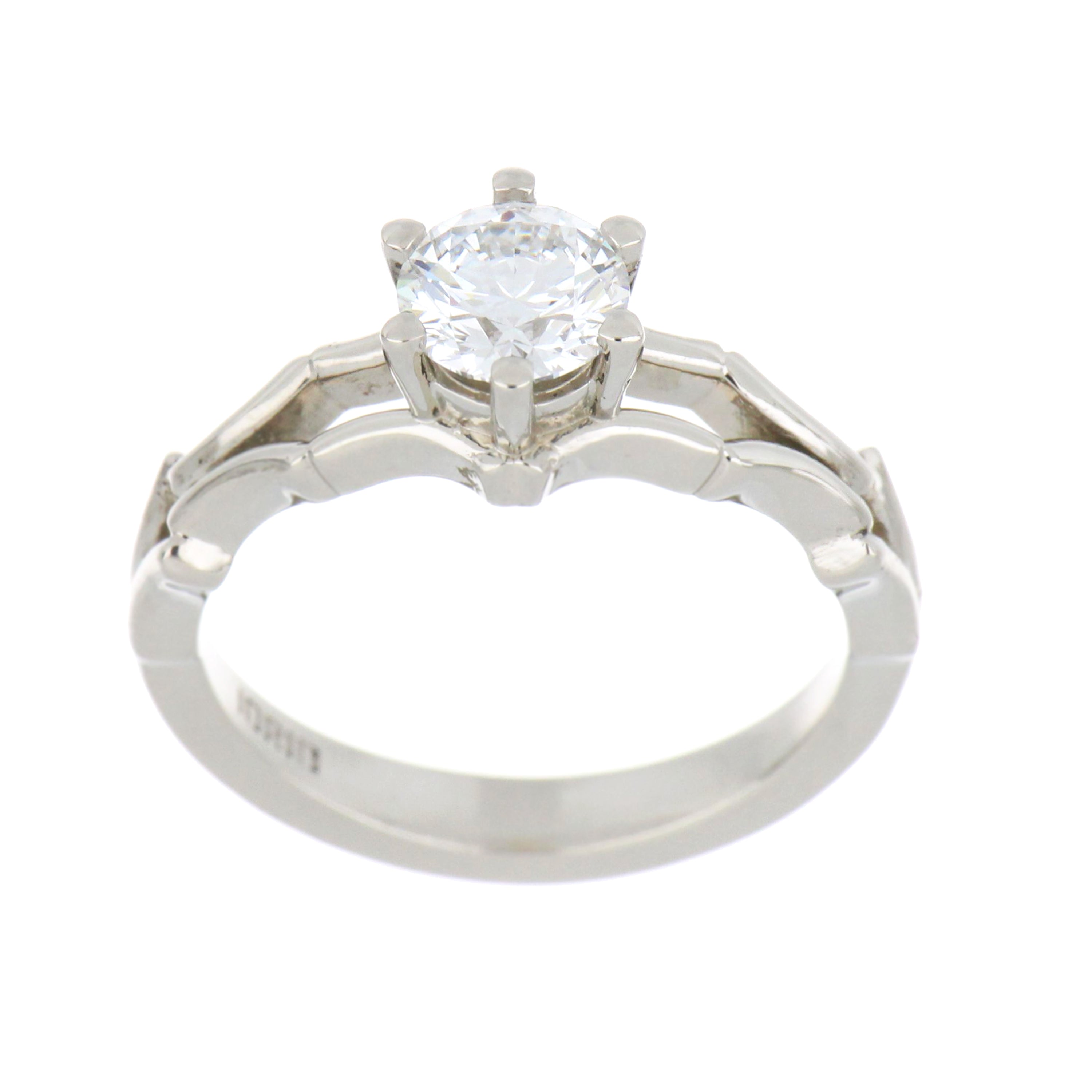 14kt white gold solitaire engagement ring with single round brilliant lab grown diamond, side angle showing claw setting