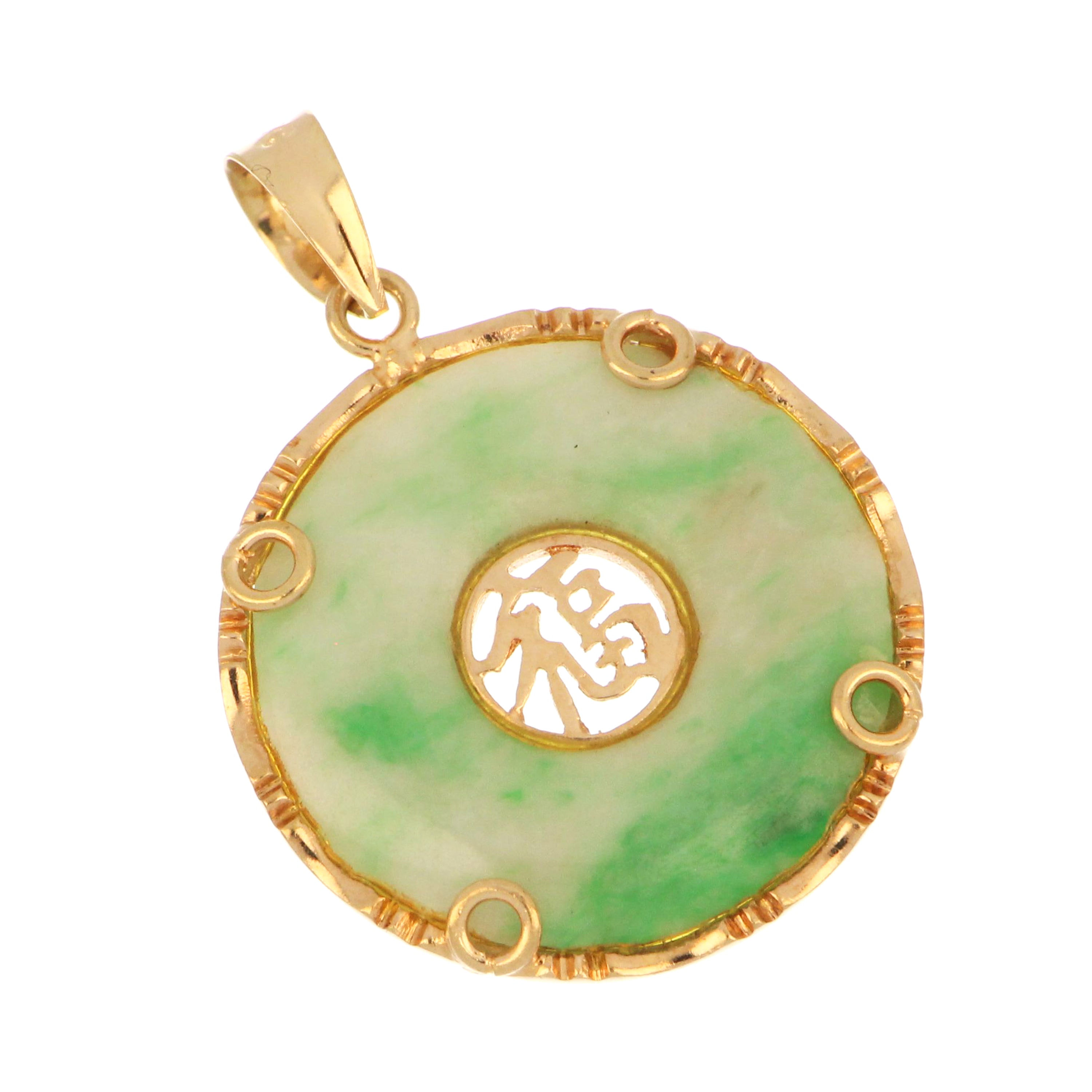 14kt yellow gold pendant with donut-shaped jadeite jade measuring approximately 18.5mm, side angle showing smooth gold setting, lightweight 2.44 grams