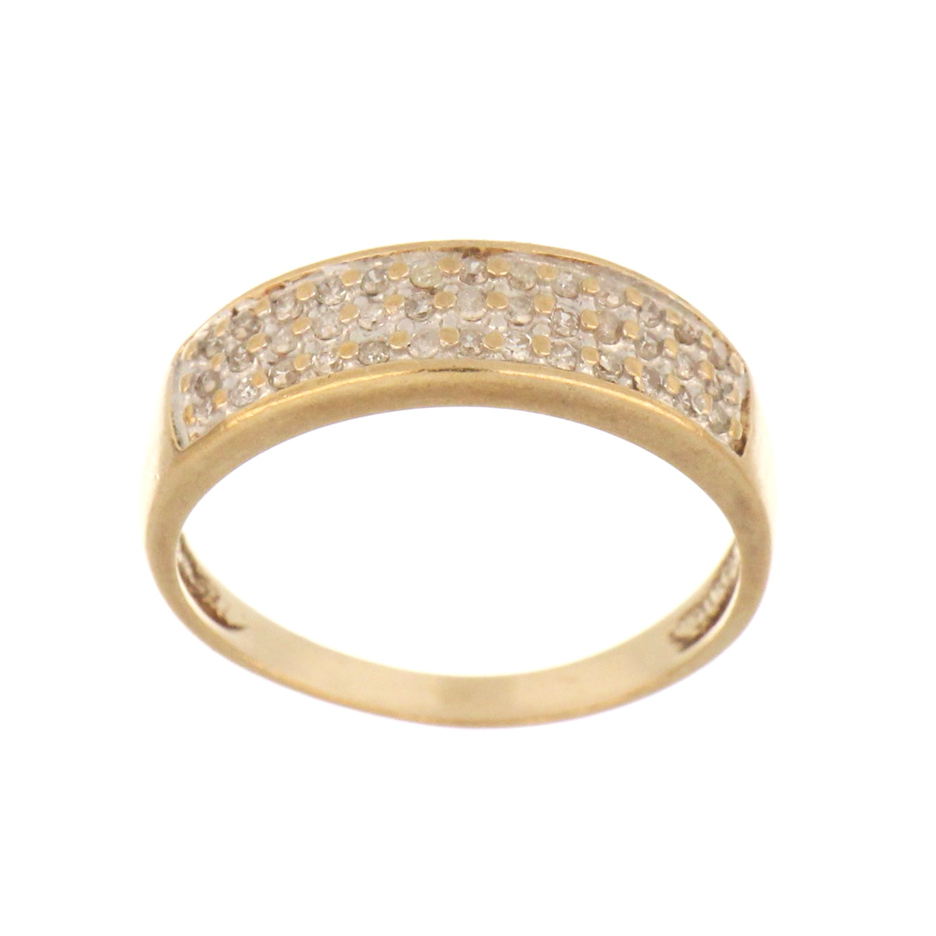 Side angle of pre-owned 10kt yellow gold diamond band highlighting polished finish and diamond setting.