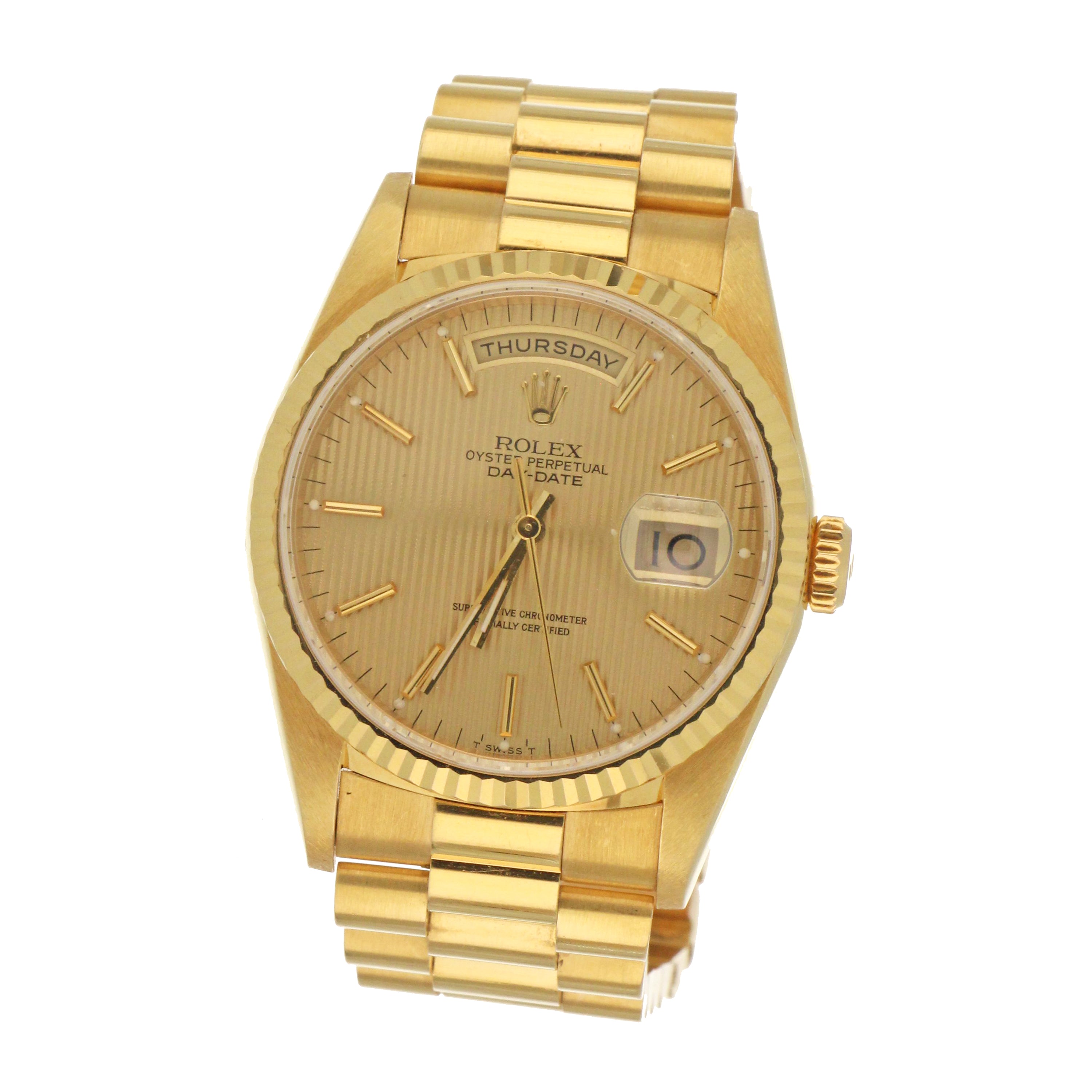18kt yellow gold Rolex Oyster Perpetual Day-Date men's watch showing champagne dial front view