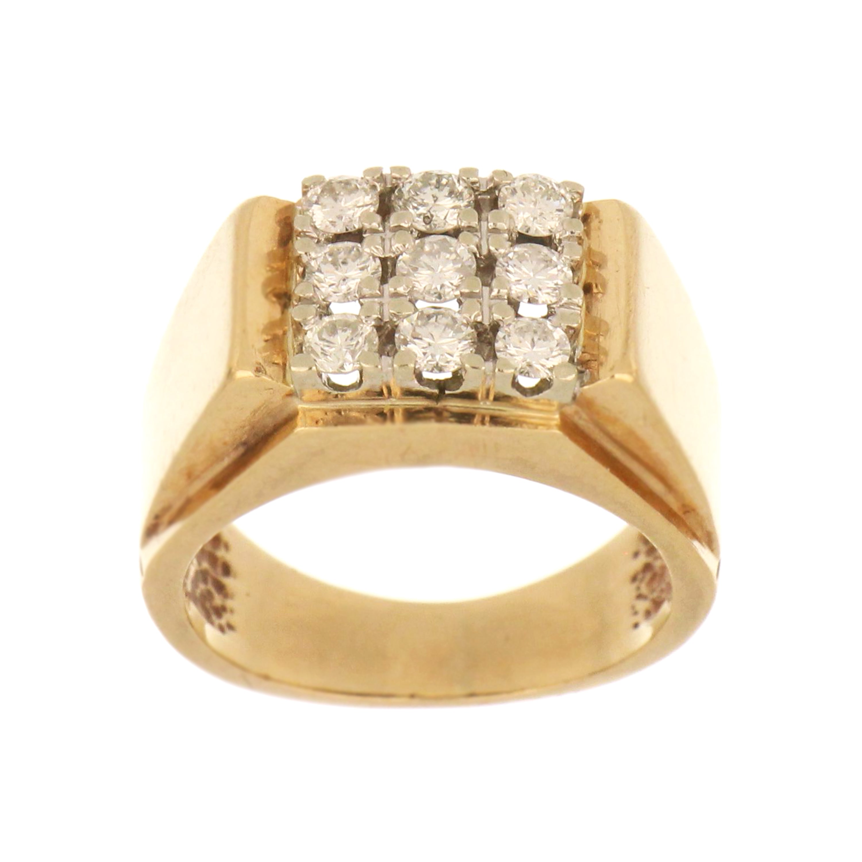 10kt yellow gold ring with nine round-cut diamonds in a square cluster design