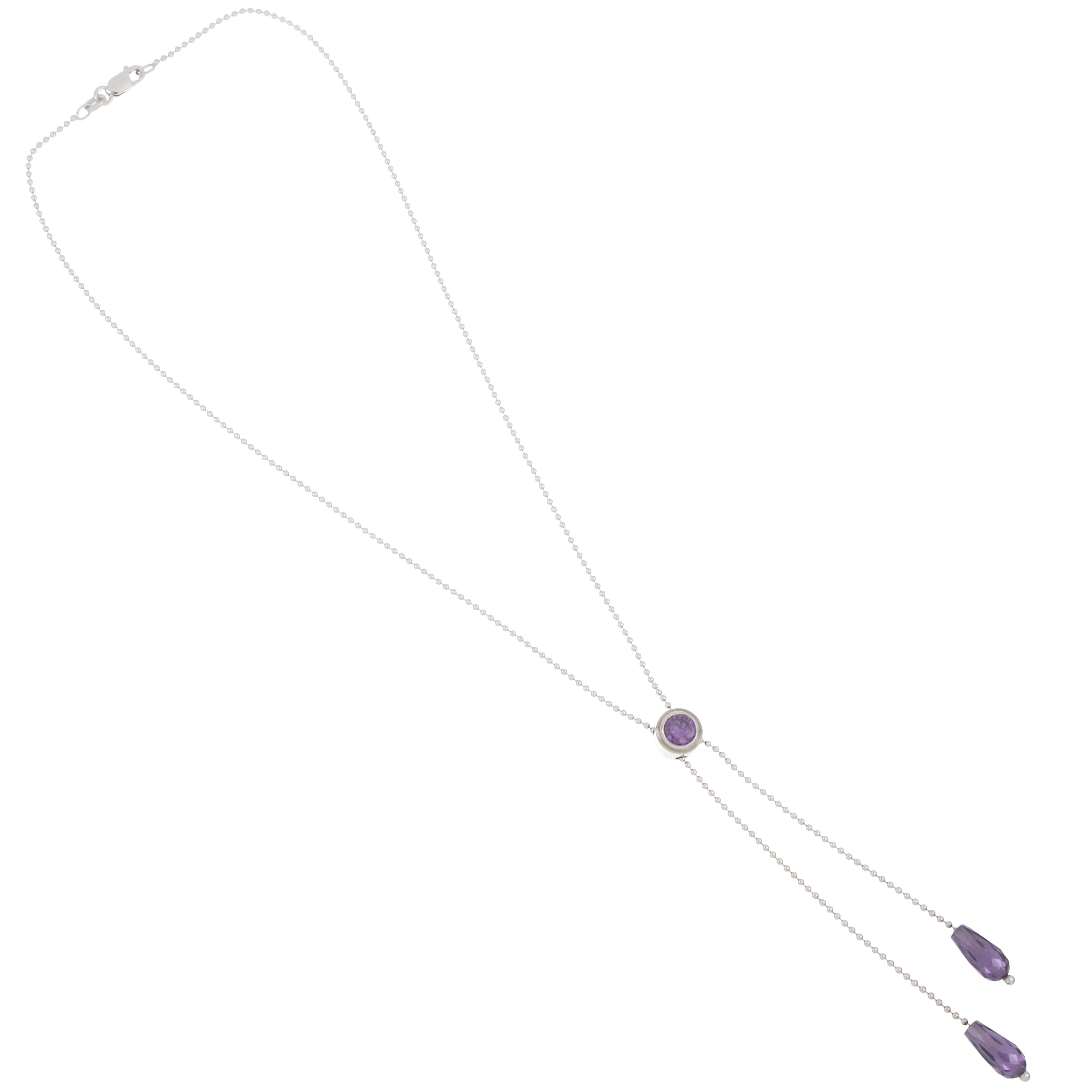 Close-up of 14kt white gold amethyst slider necklace showing detailed stones and white gold chain