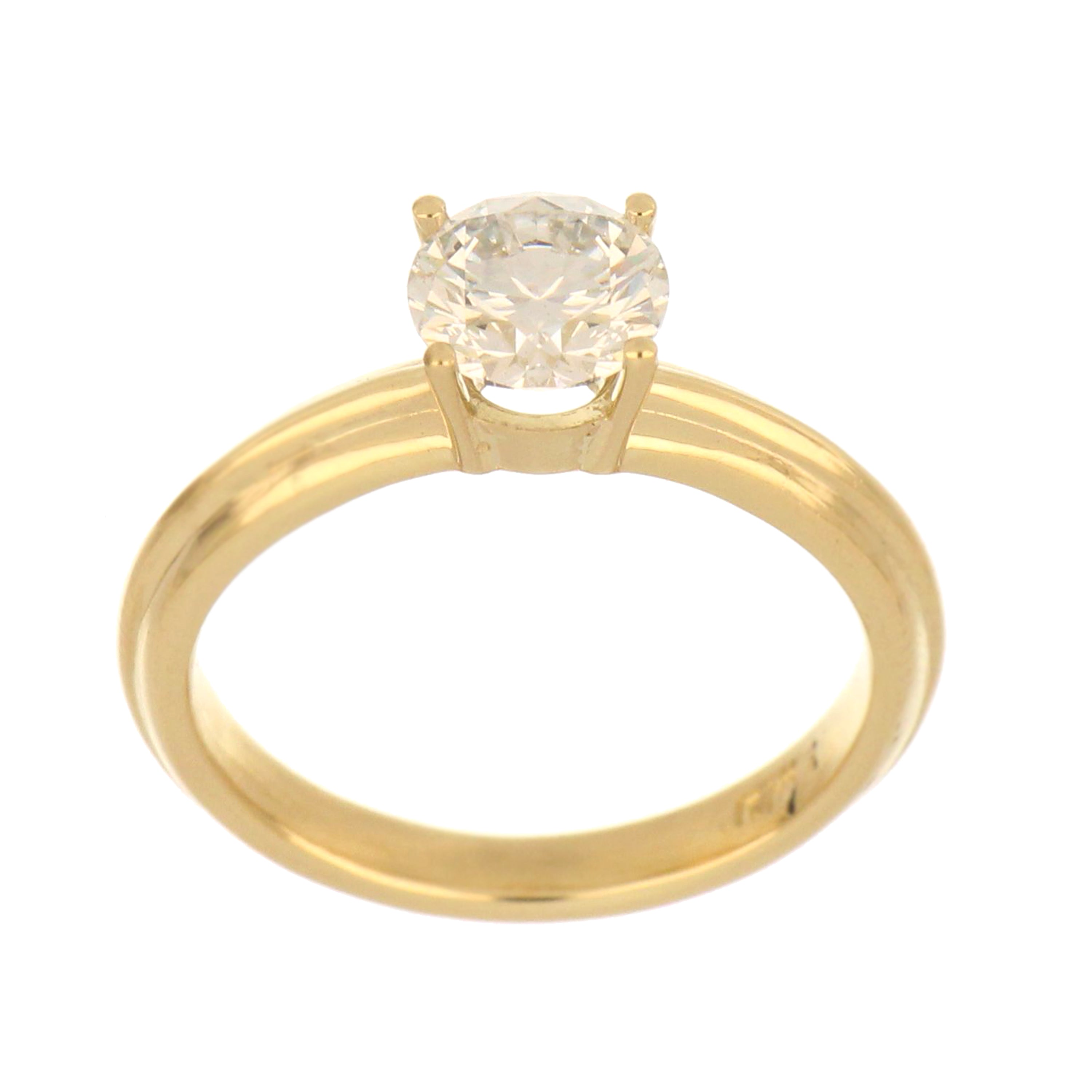 14kt yellow gold solitaire ring showcasing round brilliant cut lab grown diamond, high polish finish, close-up top angle