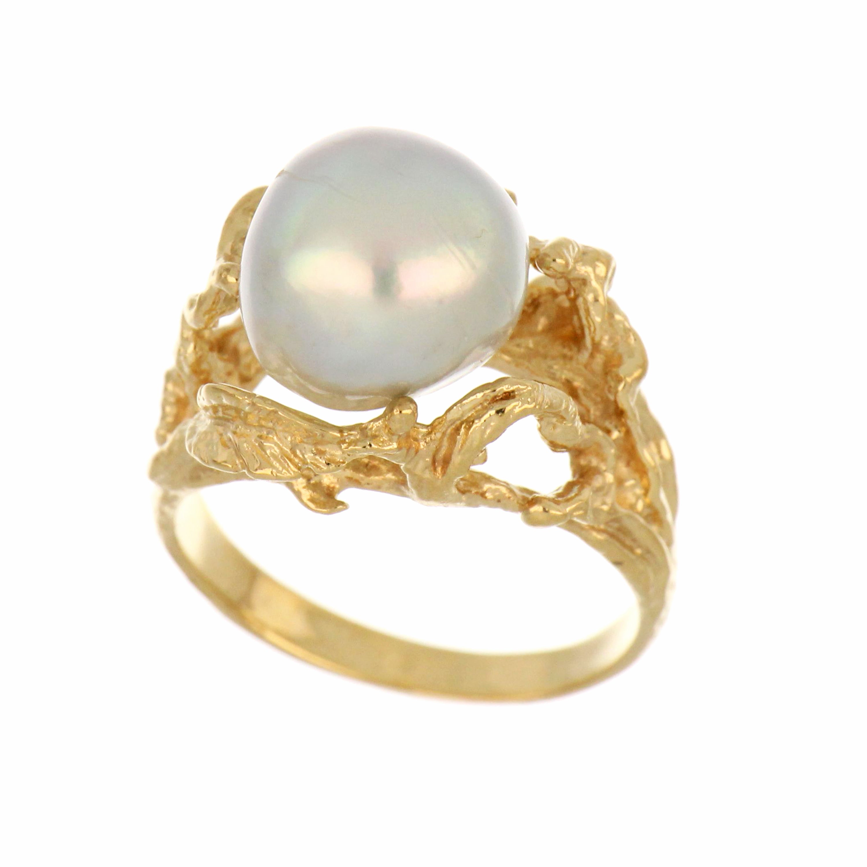 14kt yellow gold ring featuring a greyish green cultured pearl, front angle showing pearl size and band details