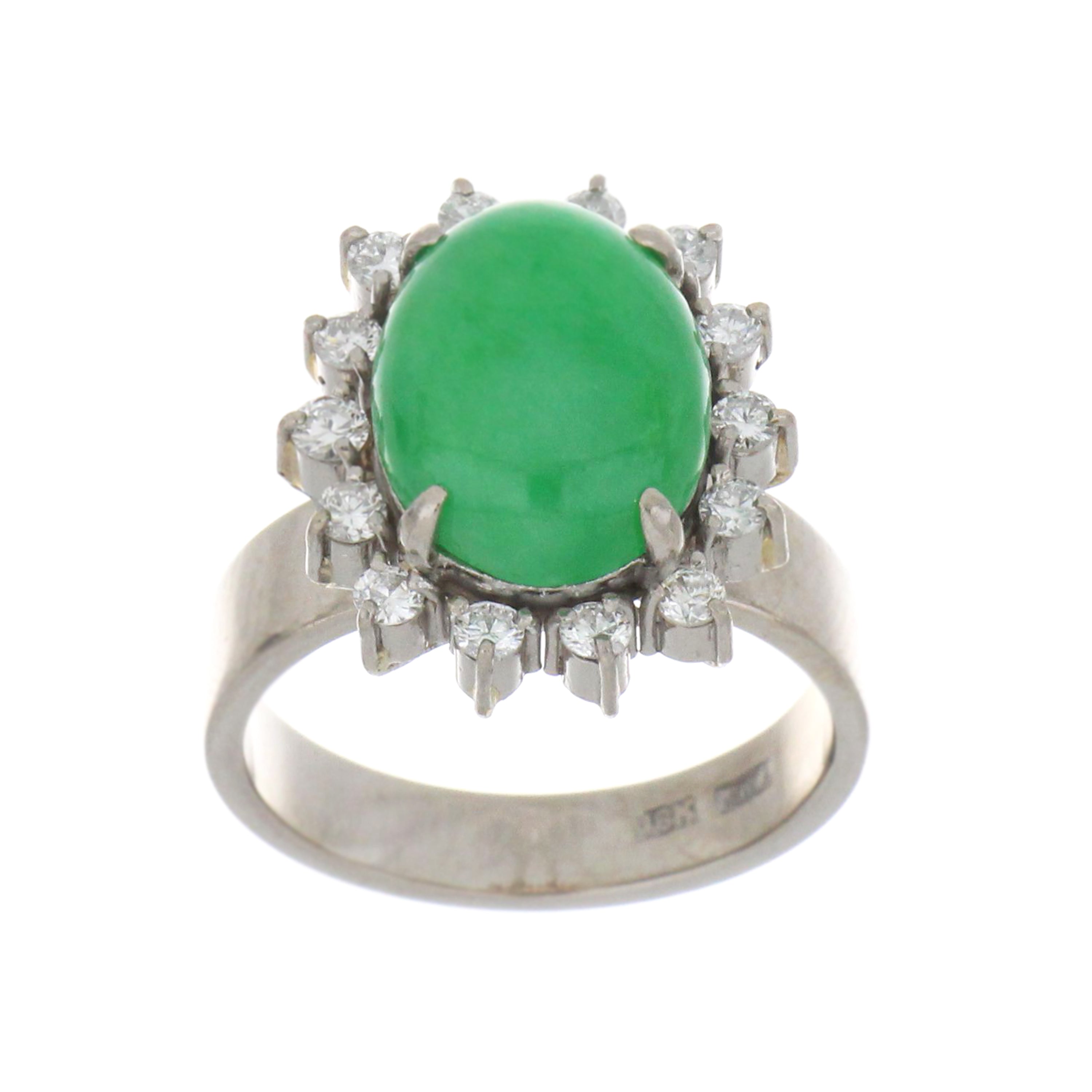 18kt white gold natural jadeite jade ring featuring oval cabochon jadeite and surrounding round diamonds, front angle