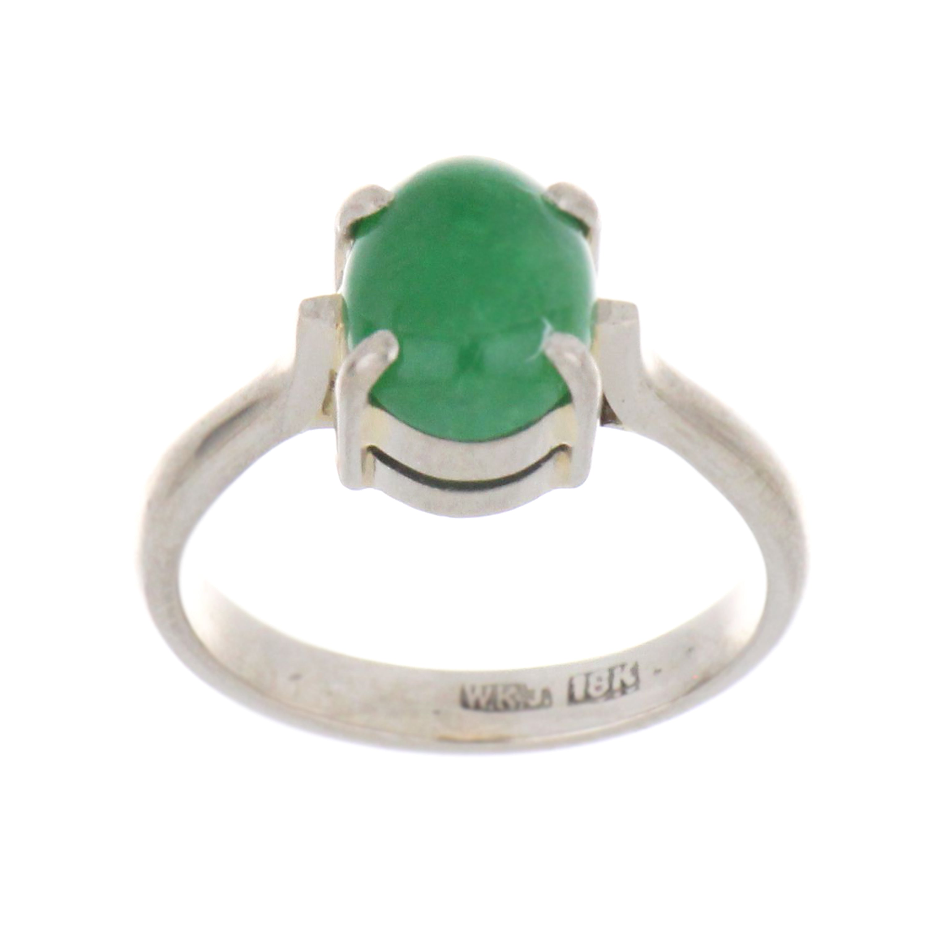 18kt white gold ring featuring an oval cabochon natural jadeite jade seen from front with polished white gold shank