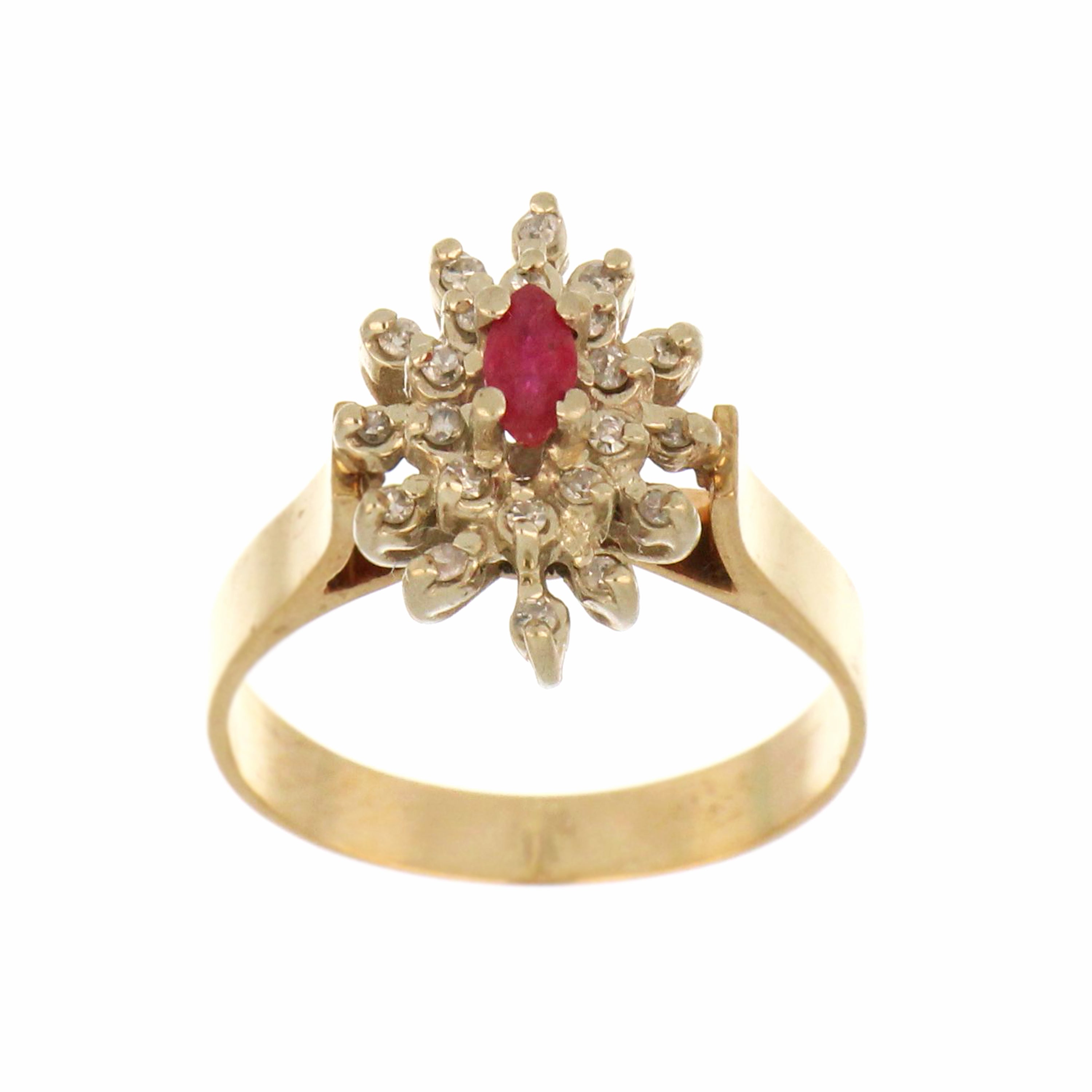 10kt yellow gold ring with marquise-shaped ruby 5x3mm center, surrounded by 22 single-cut diamonds viewed from top angle
