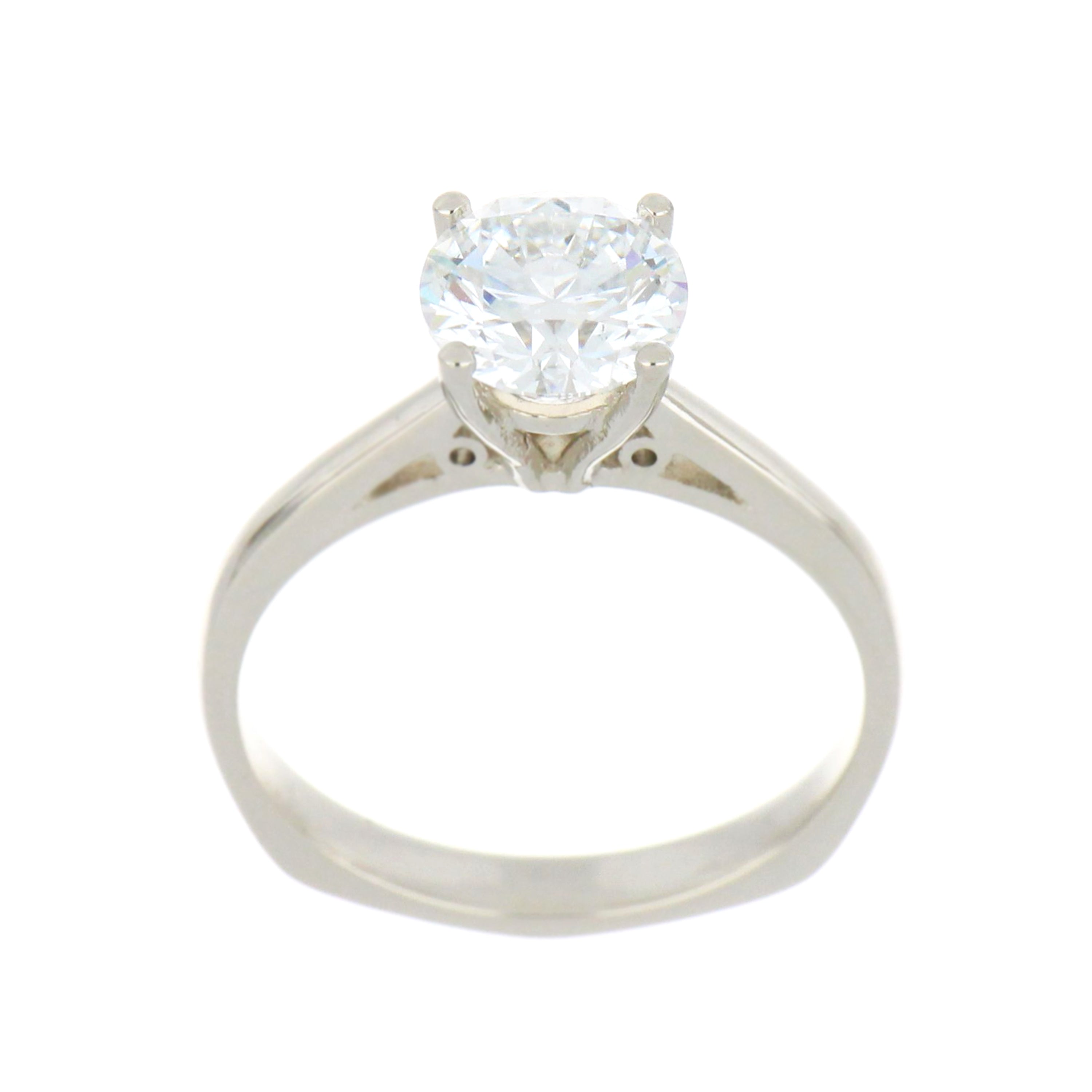 14kt white gold solitaire ring featuring a round brilliant cut lab grown diamond in 4-claw setting, viewed from front angle