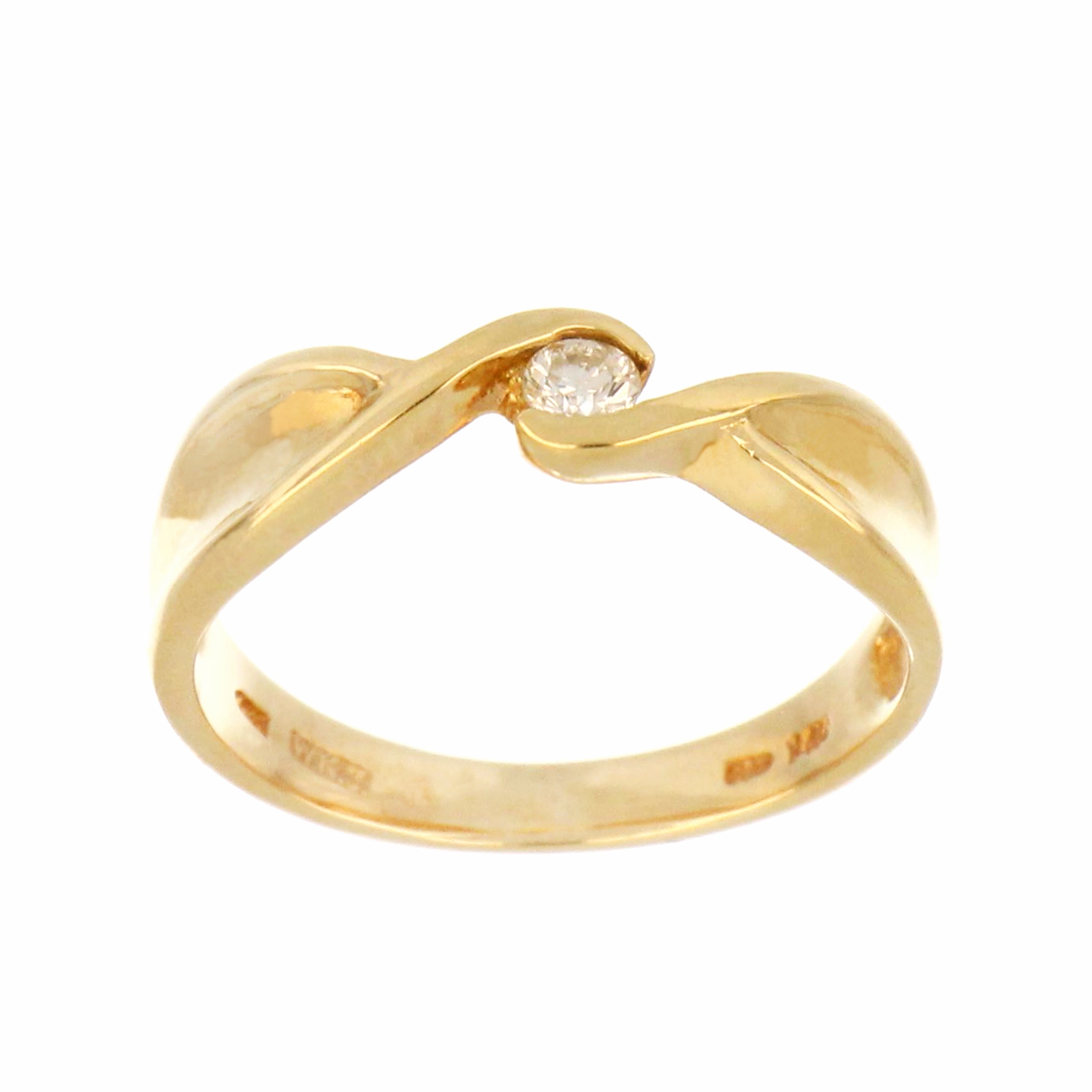 14kt yellow gold diamond band ring, front angle showing round brilliant diamond centerpiece, 2.92 grams