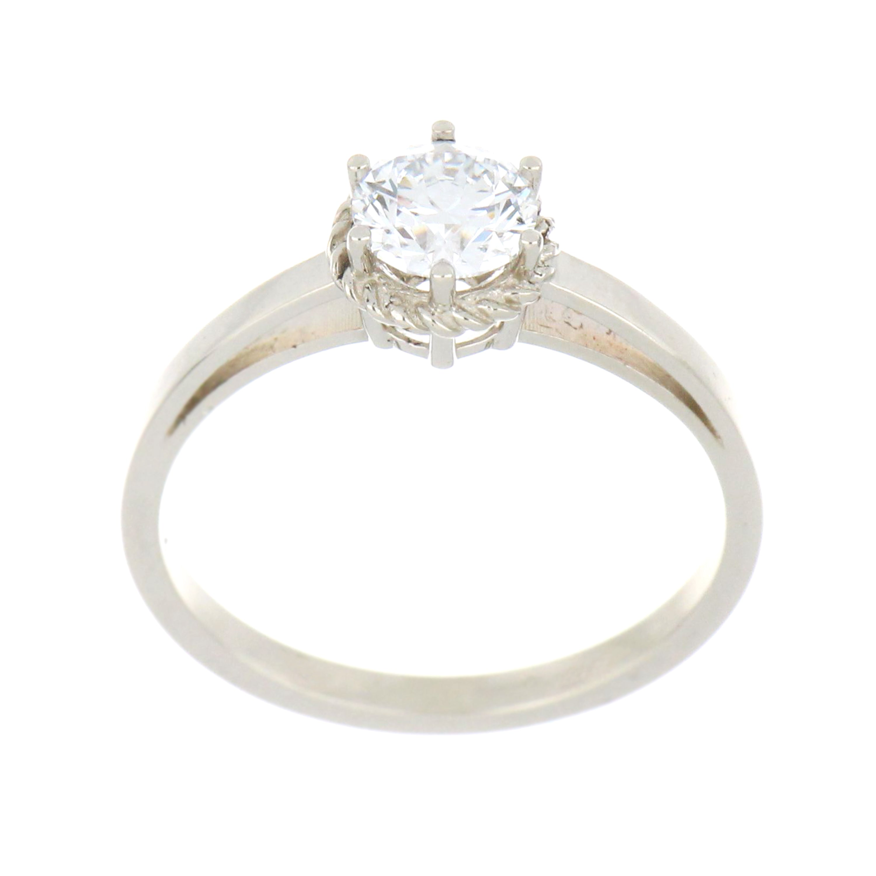 14kt white gold solitaire ring with round brilliant cut lab grown diamond set in 6-prong claw setting, side view showing rope detail and polished shank