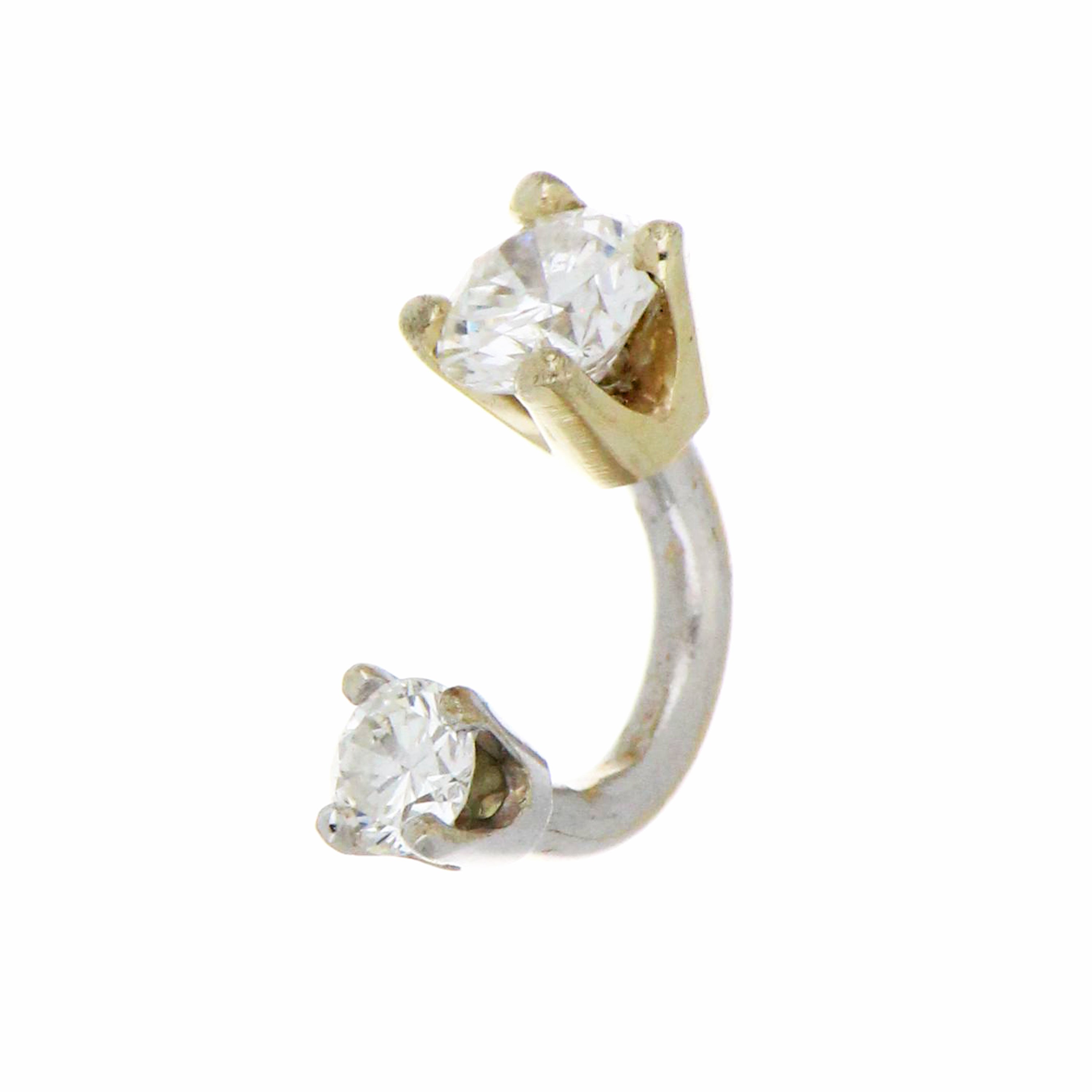 14kt white gold belly button ring with two round brilliant cut diamonds totalling 0.25 carats, close-up angle