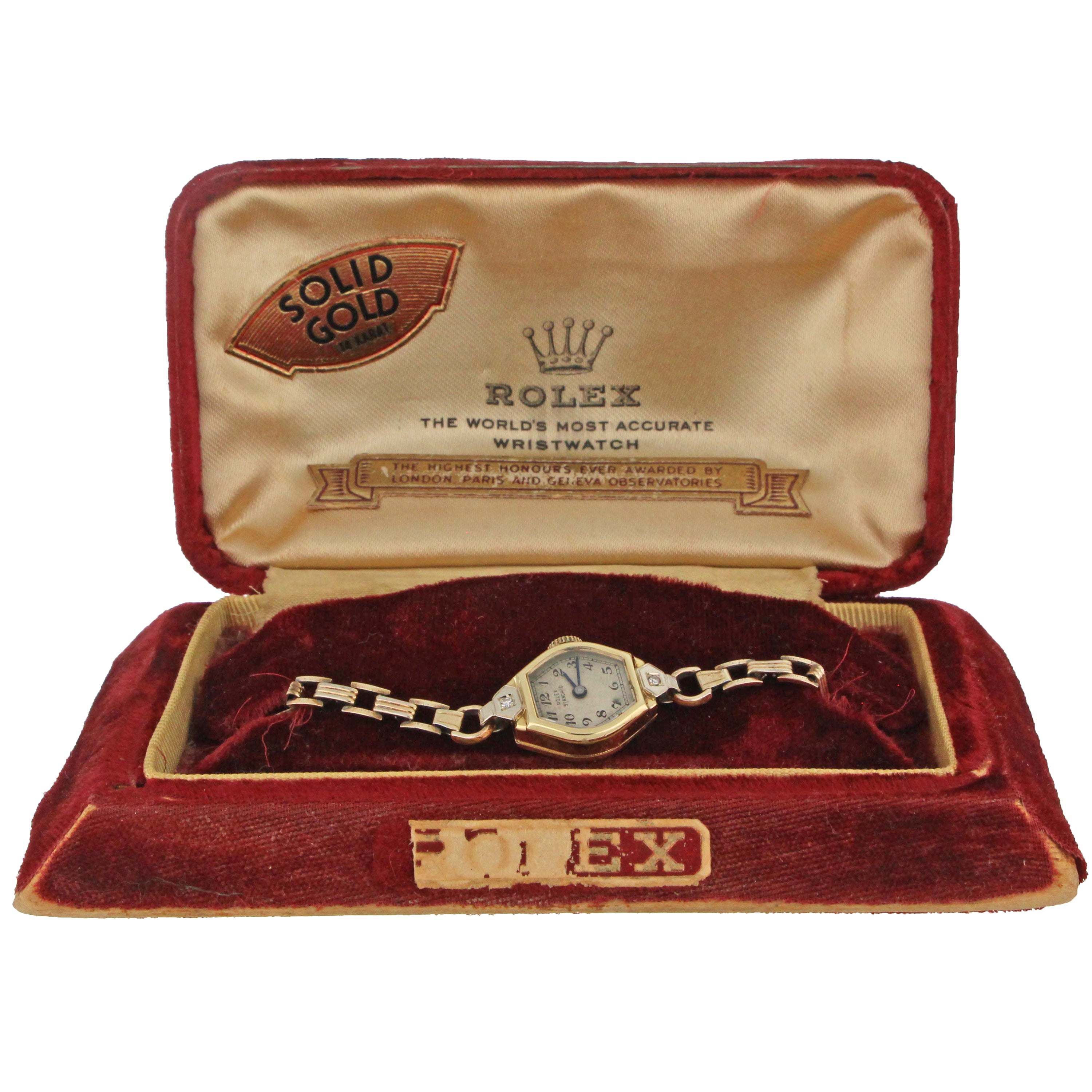 Front angle of vintage ladies' Rolex wristwatch with silver dial, mechanical movement, and diamond embellishments
