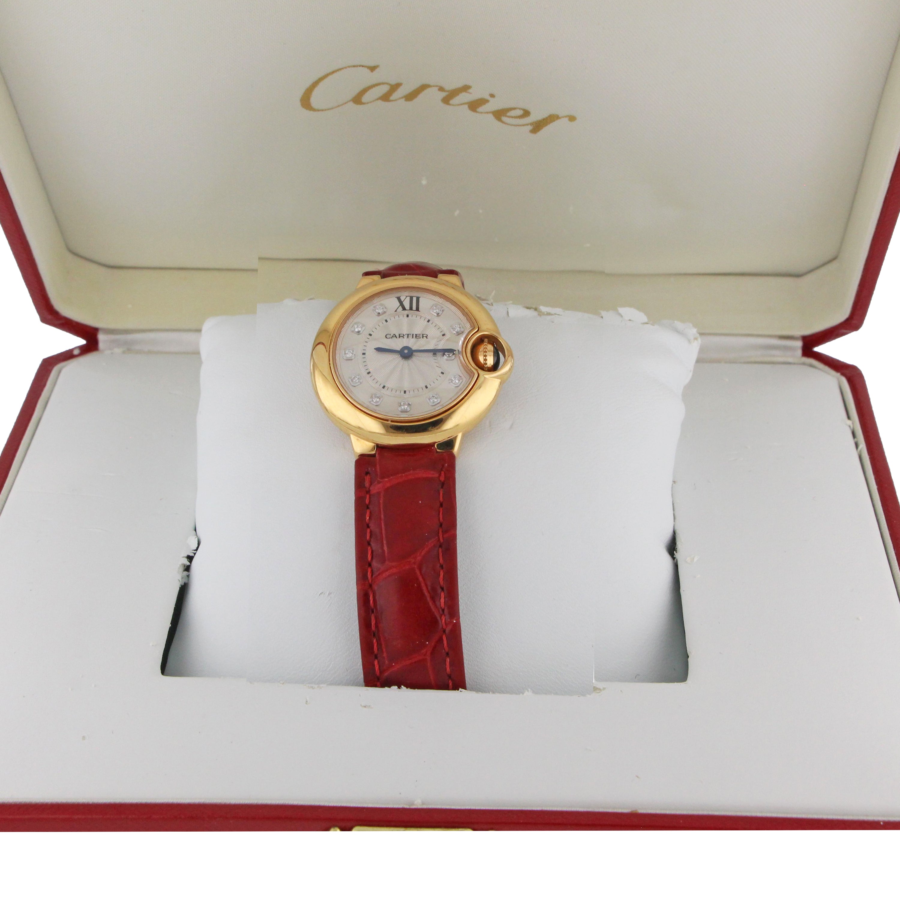18kt yellow gold Cartier Ballon Bleu ladies watch front view with silver dial and red leather strap