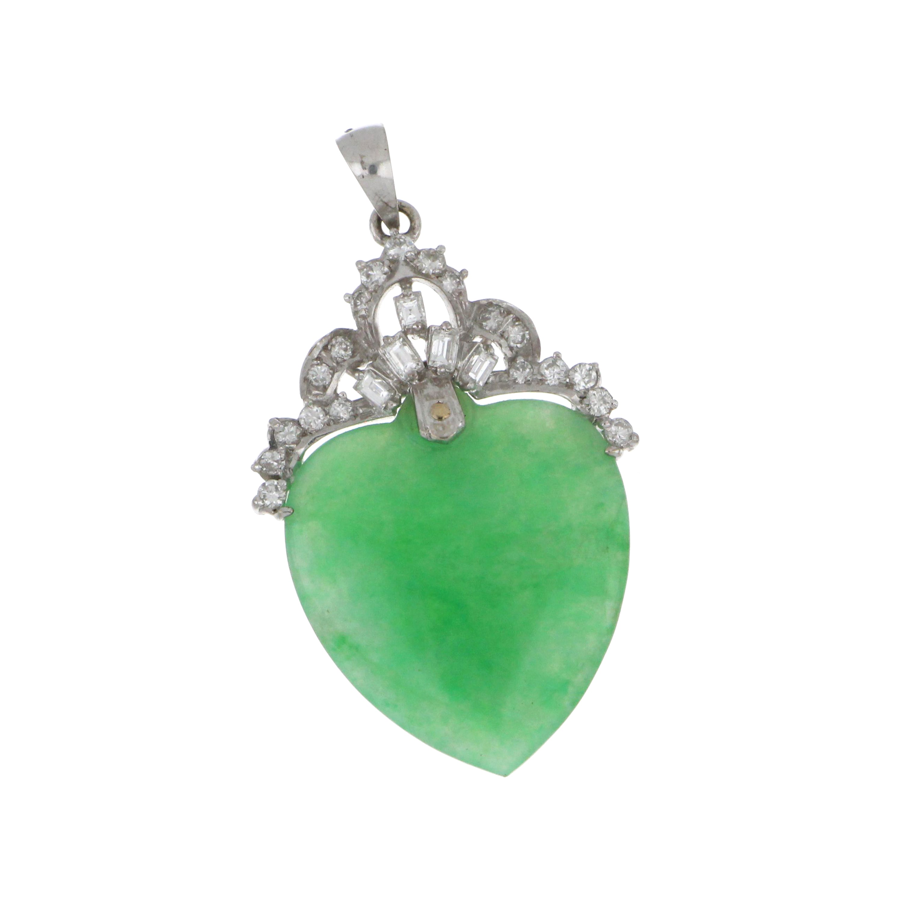 14kt white gold heart-shaped jadeite jade pendant framed with round and baguette cut diamonds, shown from front angle