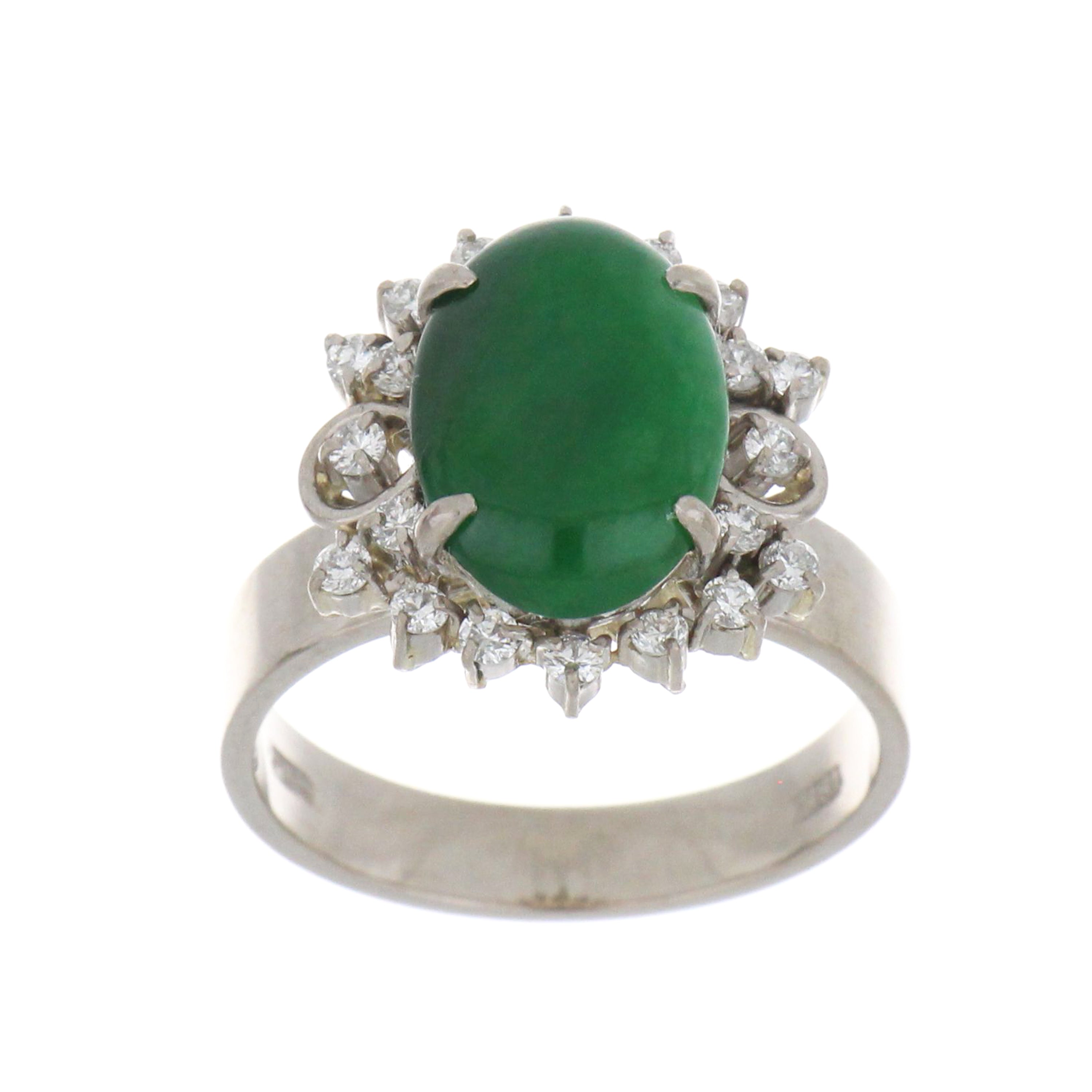 18kt white gold ring with oval cabochon natural jadeite jade center stone approximately 13.2x9.1mm, top view