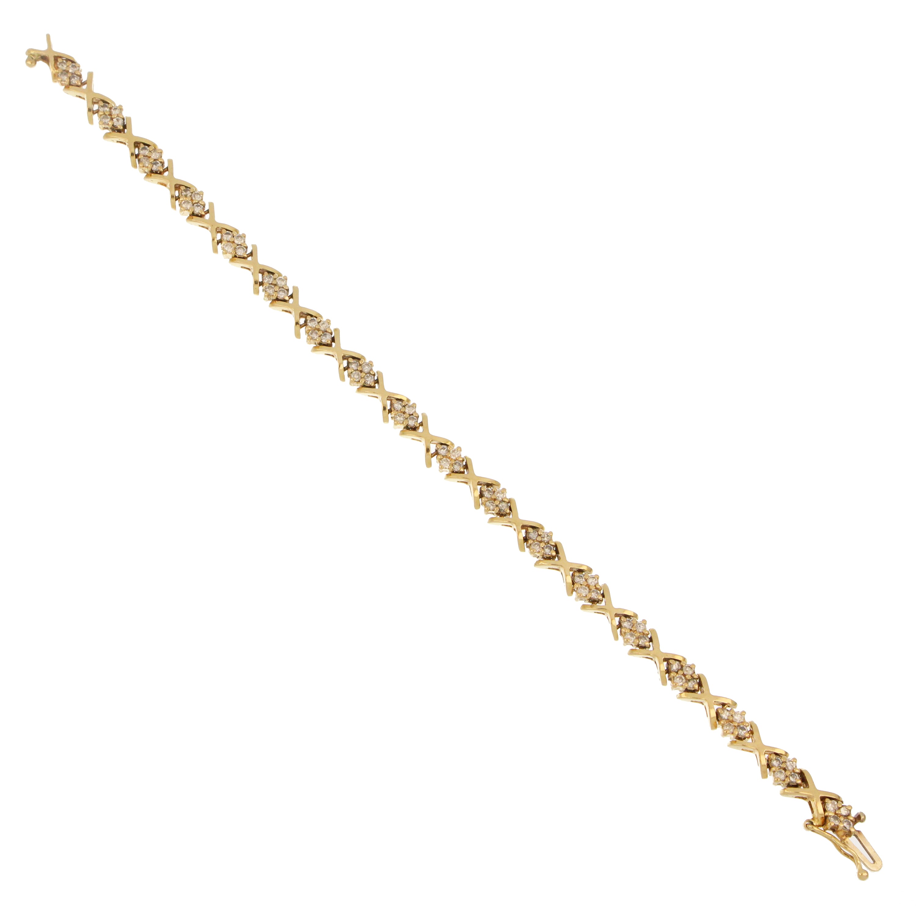 18kt yellow gold diamond bracelet with 72 round full cut diamonds, close-up angle showing brilliance and metal texture