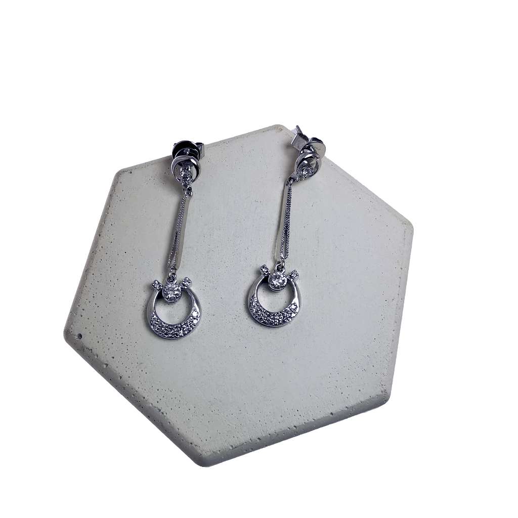14kt white gold dangling diamond earring front view with sparkling round cut diamonds totaling 0.41ct