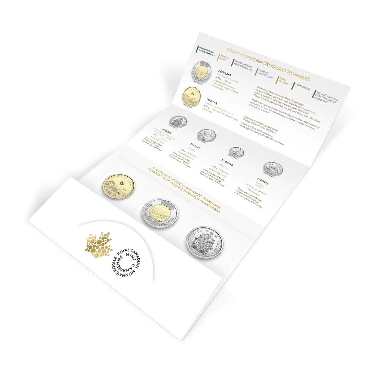 Open display of 2025 Classic Uncirculated Canadian coin set showing all denominations: 2 dollar, 1 dollar, 50 cents, 25 cents, 10 cents, 5 cents