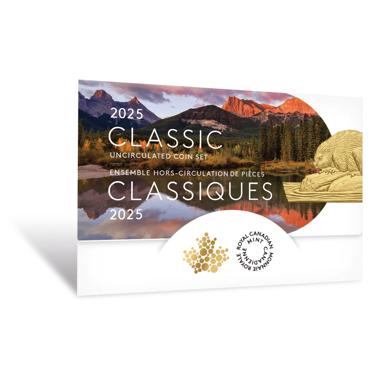 2025 Classic Uncirculated Canadian coin set in original folder, angled view showing base metal coins with brilliant uncirculated finish