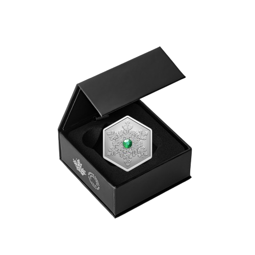 Fine silver 1 oz snowflake coin with vivid green crystal, 2025 edition.