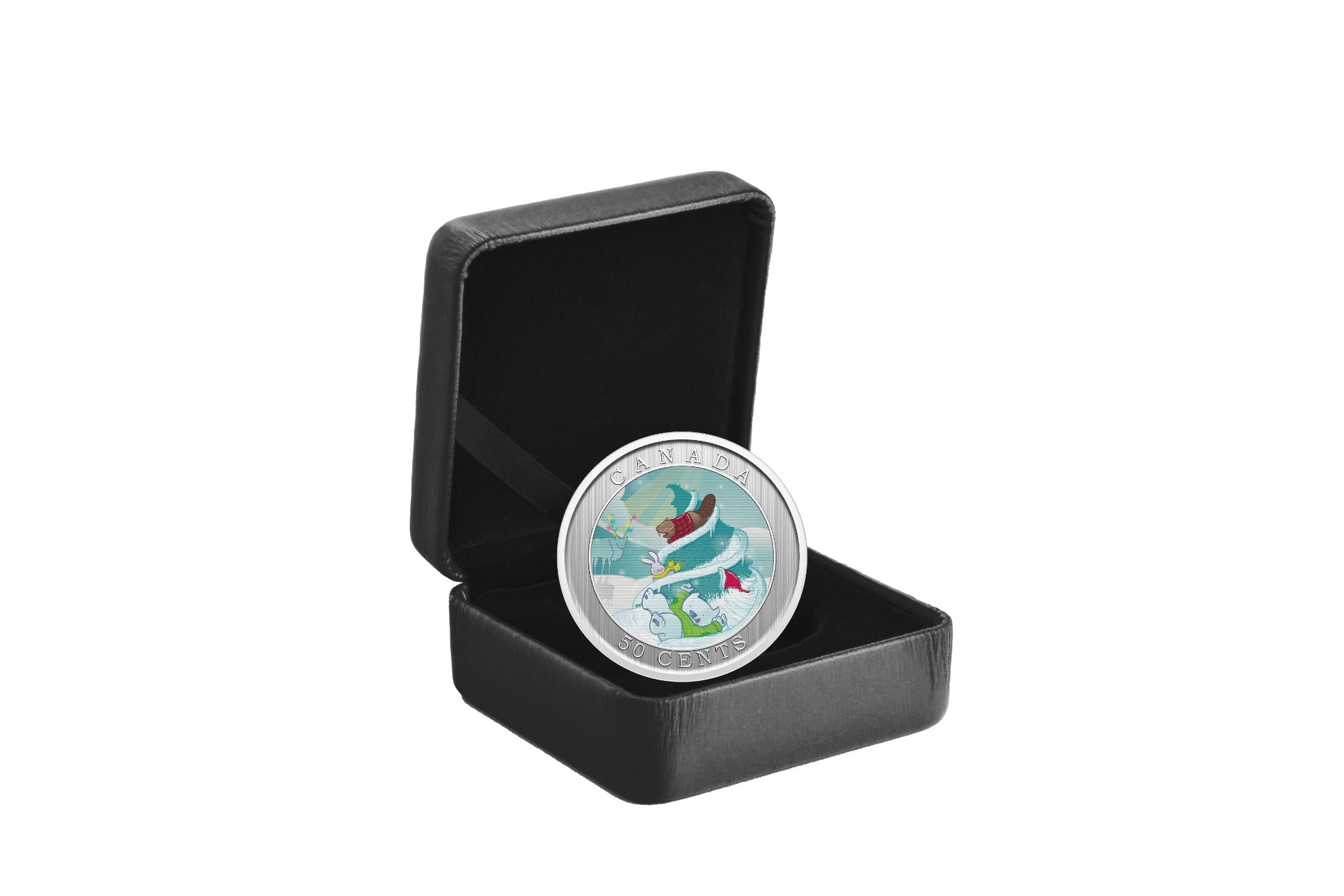 In box, Playful 2025 holiday coin with sledding animals and festive background, ideal for collectors.