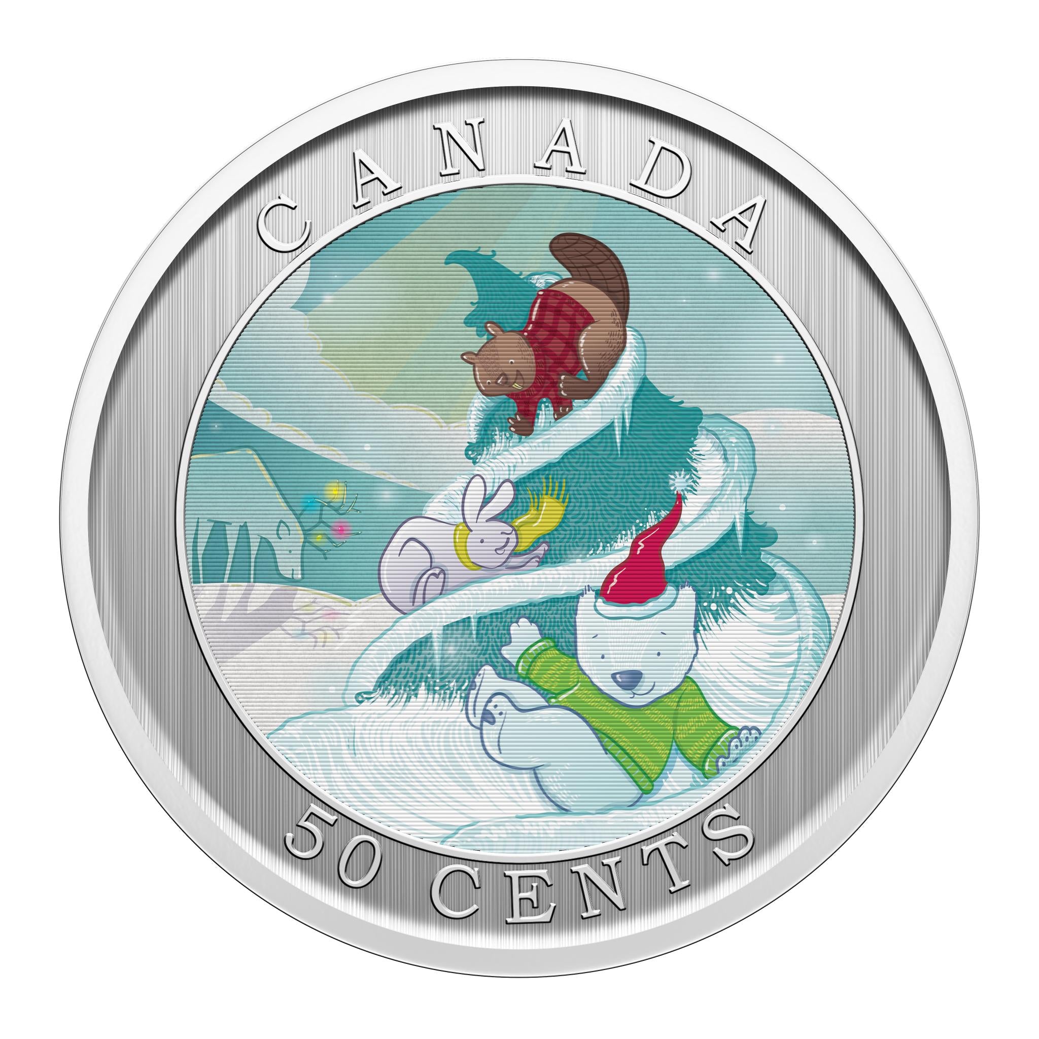 Whimsical holiday coin with playful winter scene and motion effect when tilted.