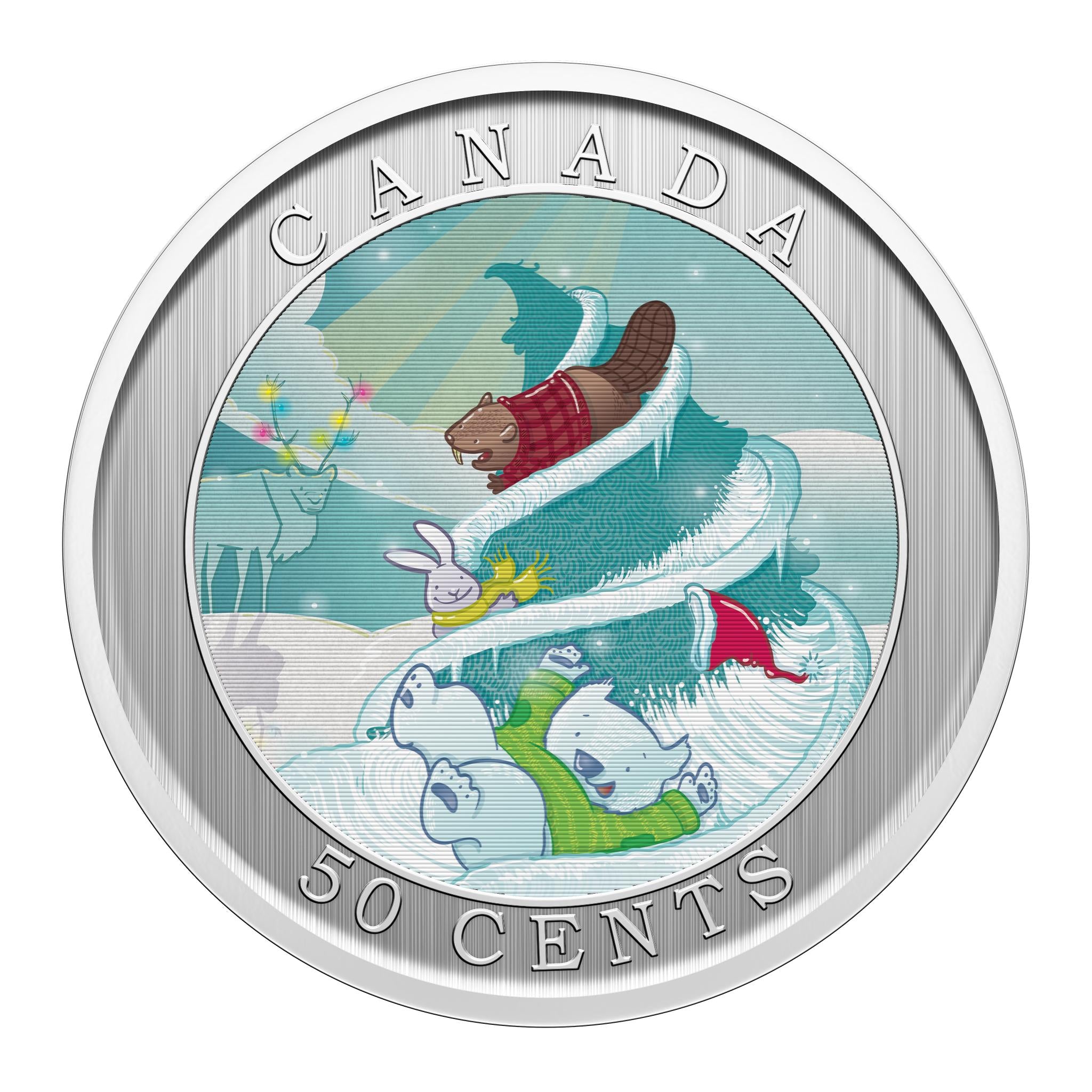 2025 50 cent lenticular coin showing Churchill the polar bear and friends sledding near a holiday tree