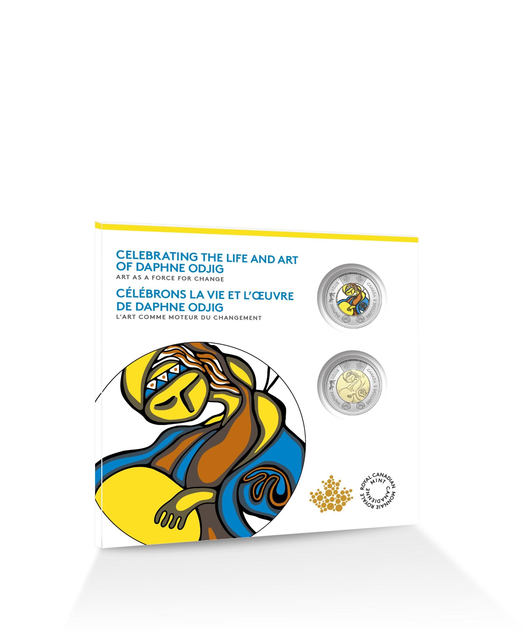 2025 Daphne Odjig $2 commemorative keepsake card featuring colourized and engraved coins in display.