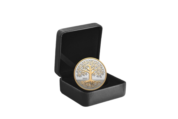 Selectively gold-plated Tree of Life design on fine silver Canadian $10 coin.