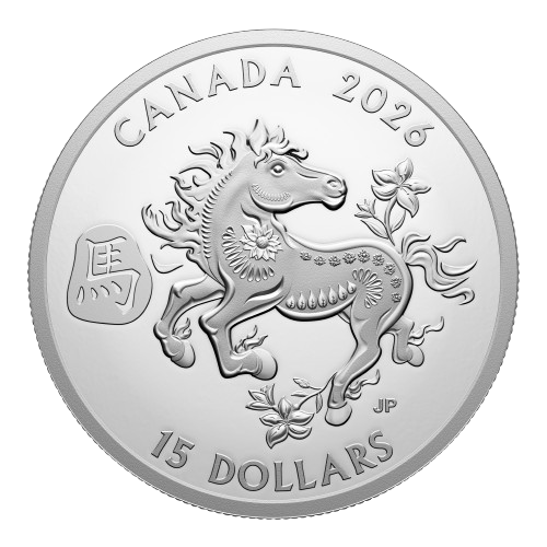 2026 Royal Canadian Mint silver coin featuring Year of the Horse design and floral motifs.