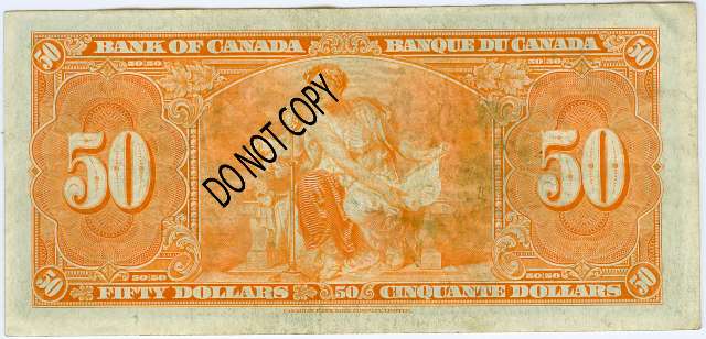 Canada 1954 Modified Hair $50 banknote back, vintage collectible condition