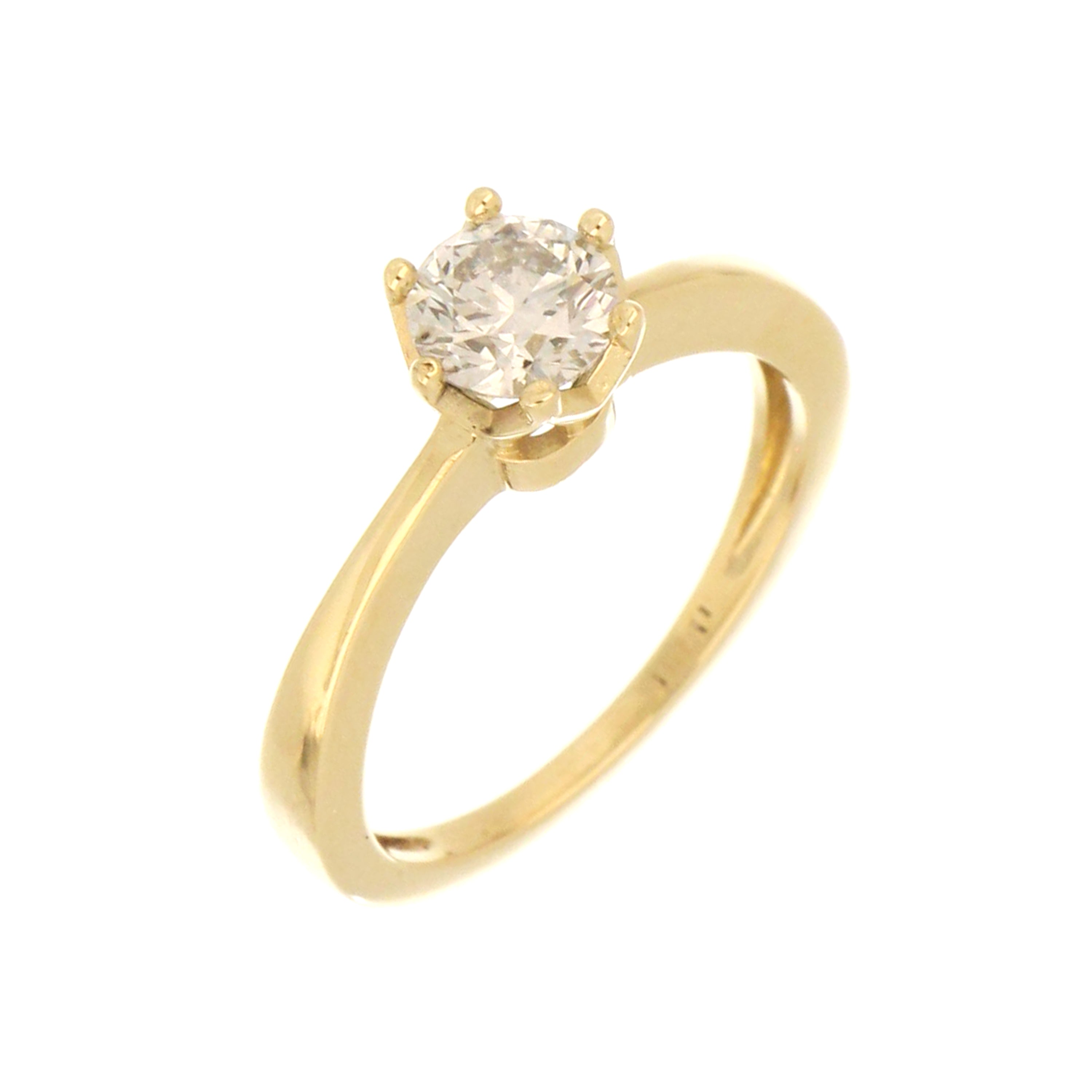 Side profile of 14kt yellow gold engagement ring showcasing polished shank and claw diamond setting